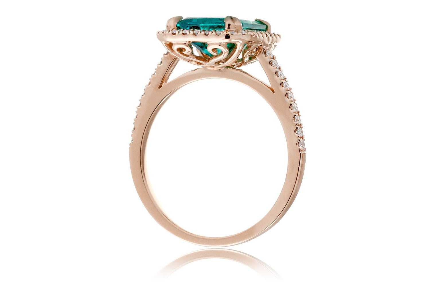 Cathedral setting in Rose gold with a green lab grown emerald