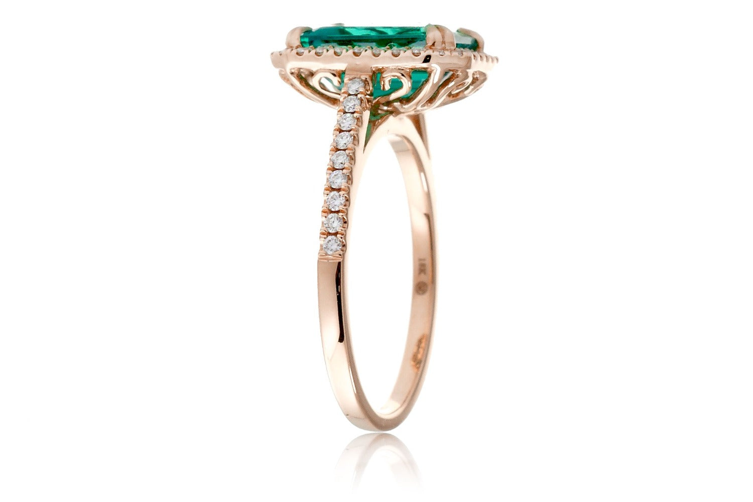 Emerald Cut Emerald With Diamond Halo Engagement Ring In Rose Gold Cathedral Setting