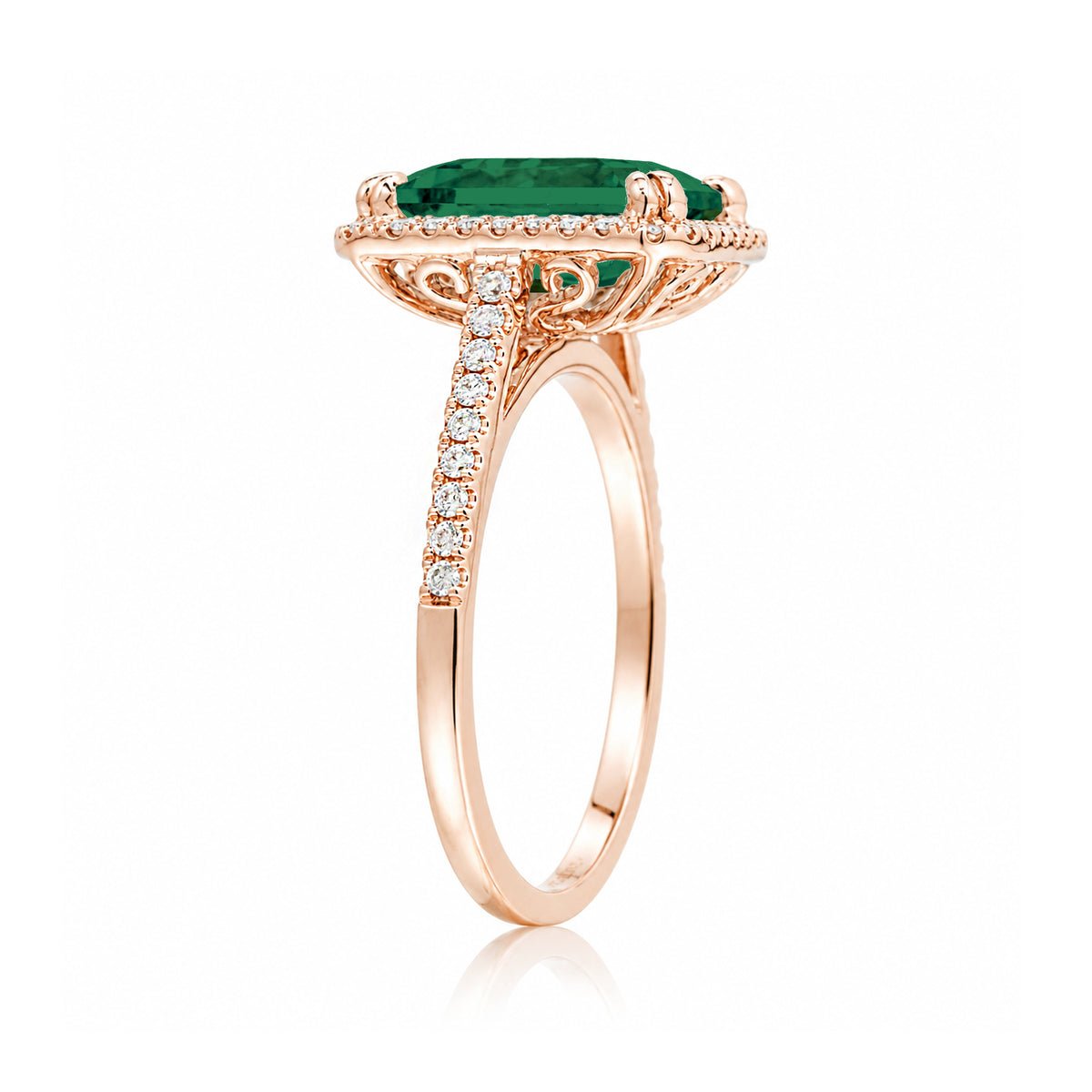 Emerald Cut Emerald With Diamond Halo Engagement Ring In Rose Gold Cathedral Setting