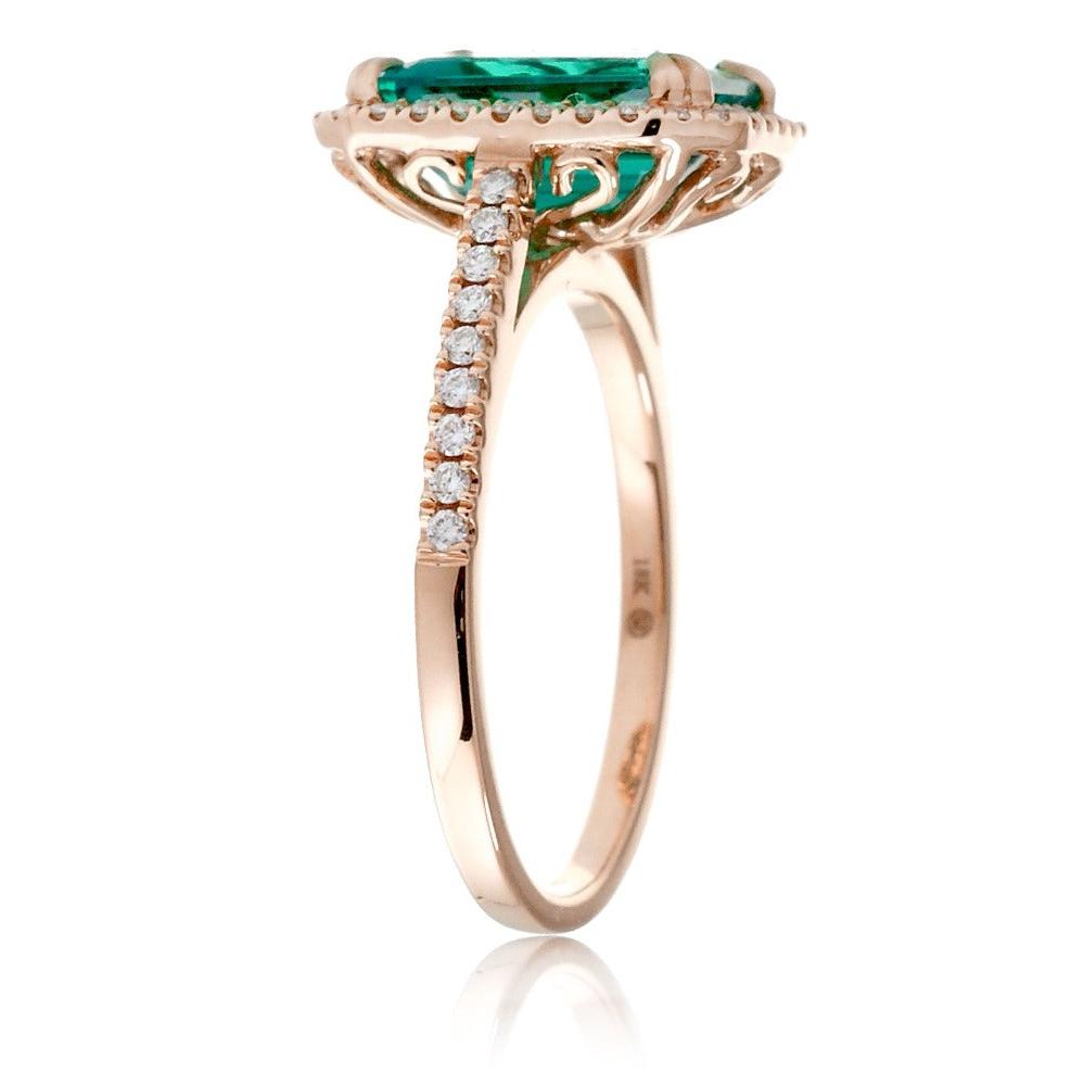 Emerald Cut Emerald With Diamond Halo Engagement Ring In Rose Gold Cathedral Setting