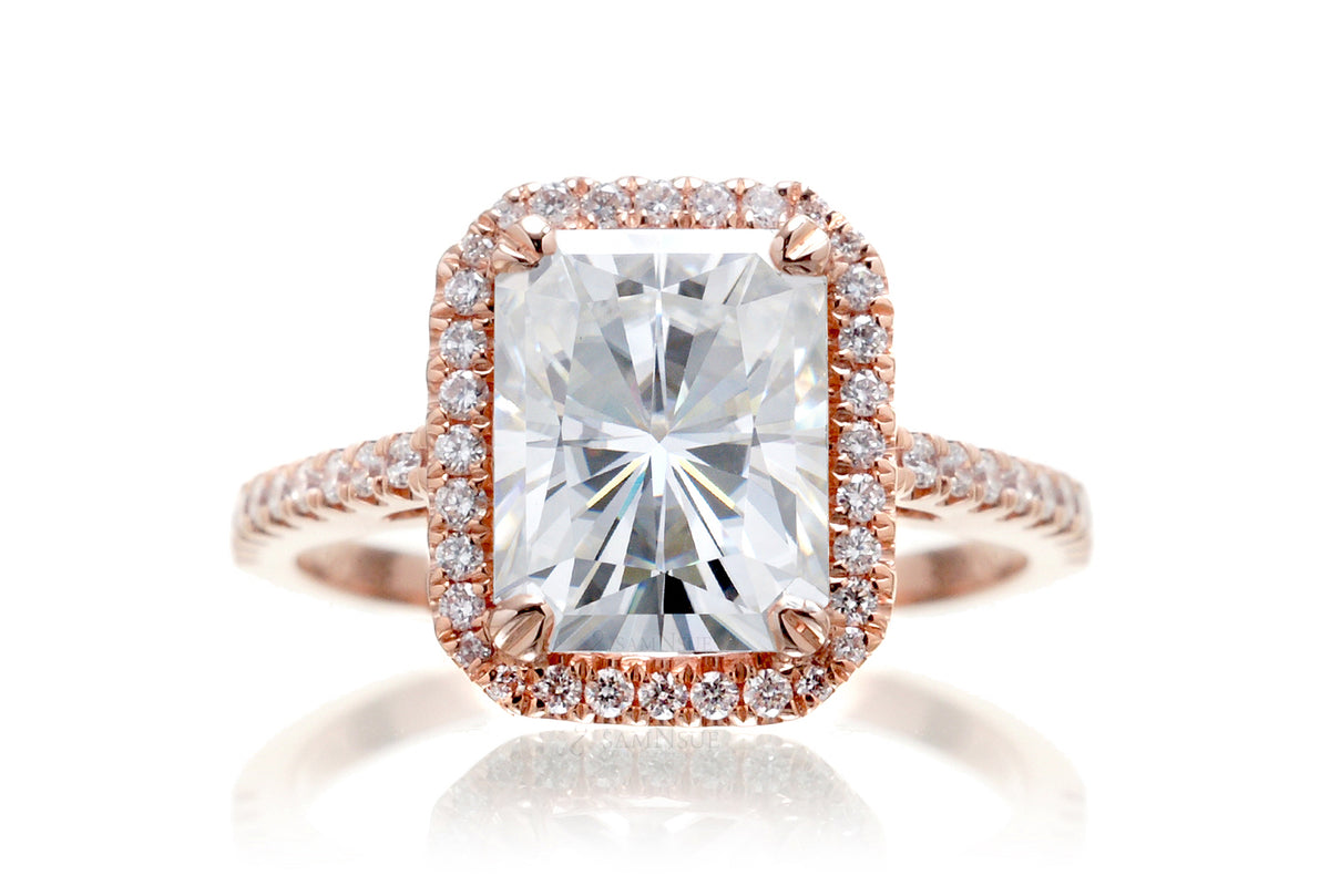 Radiant Cut Moissanite Engagement Ring With Diamond Halo and Band