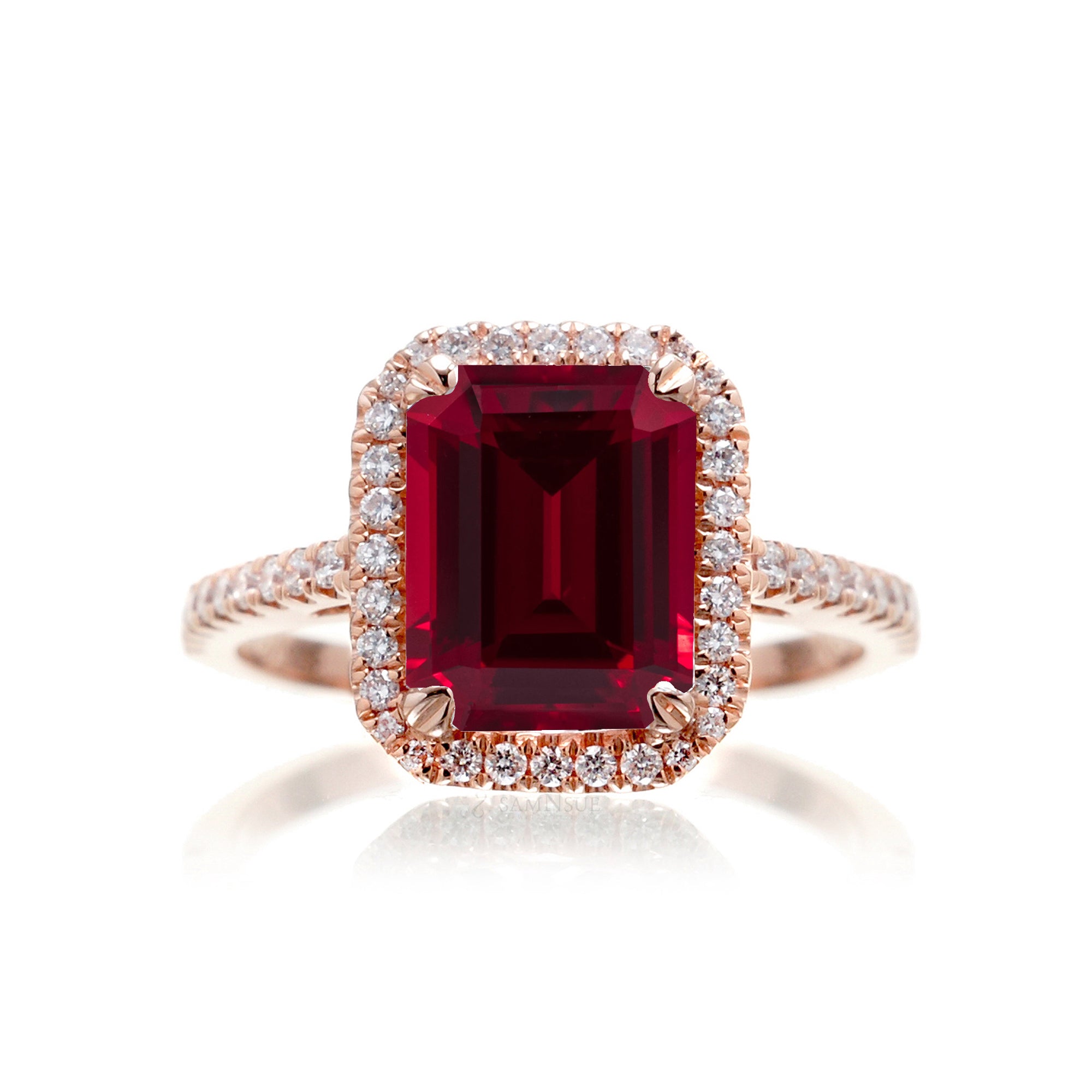 Emerald Cut Ruby With Diamond Halo Engagement Ring | The Signature Ring In Rose Gold