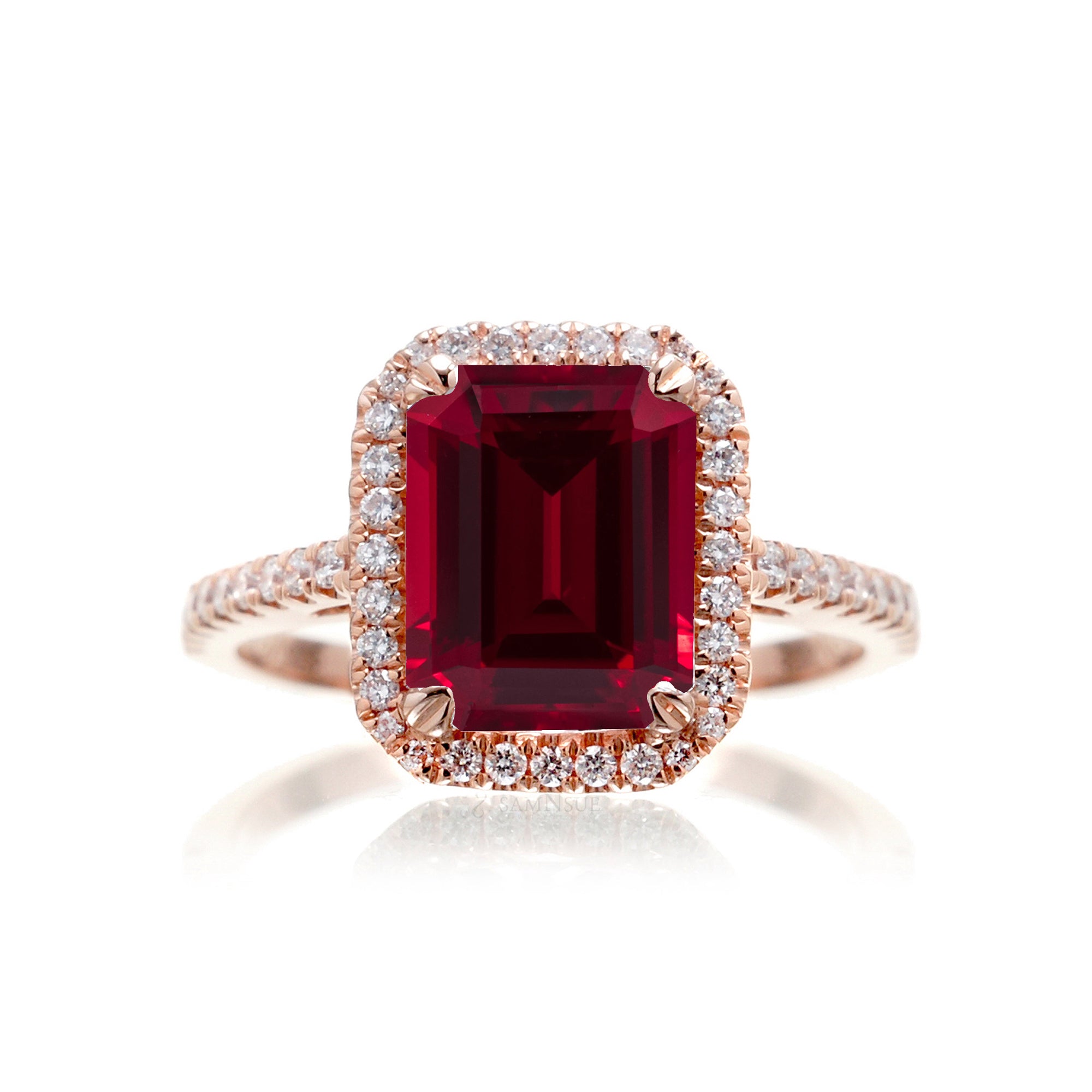 Emerald Cut Chatham Ruby With Diamond Halo Engagement Ring | The Signature Ring In Rose Gold