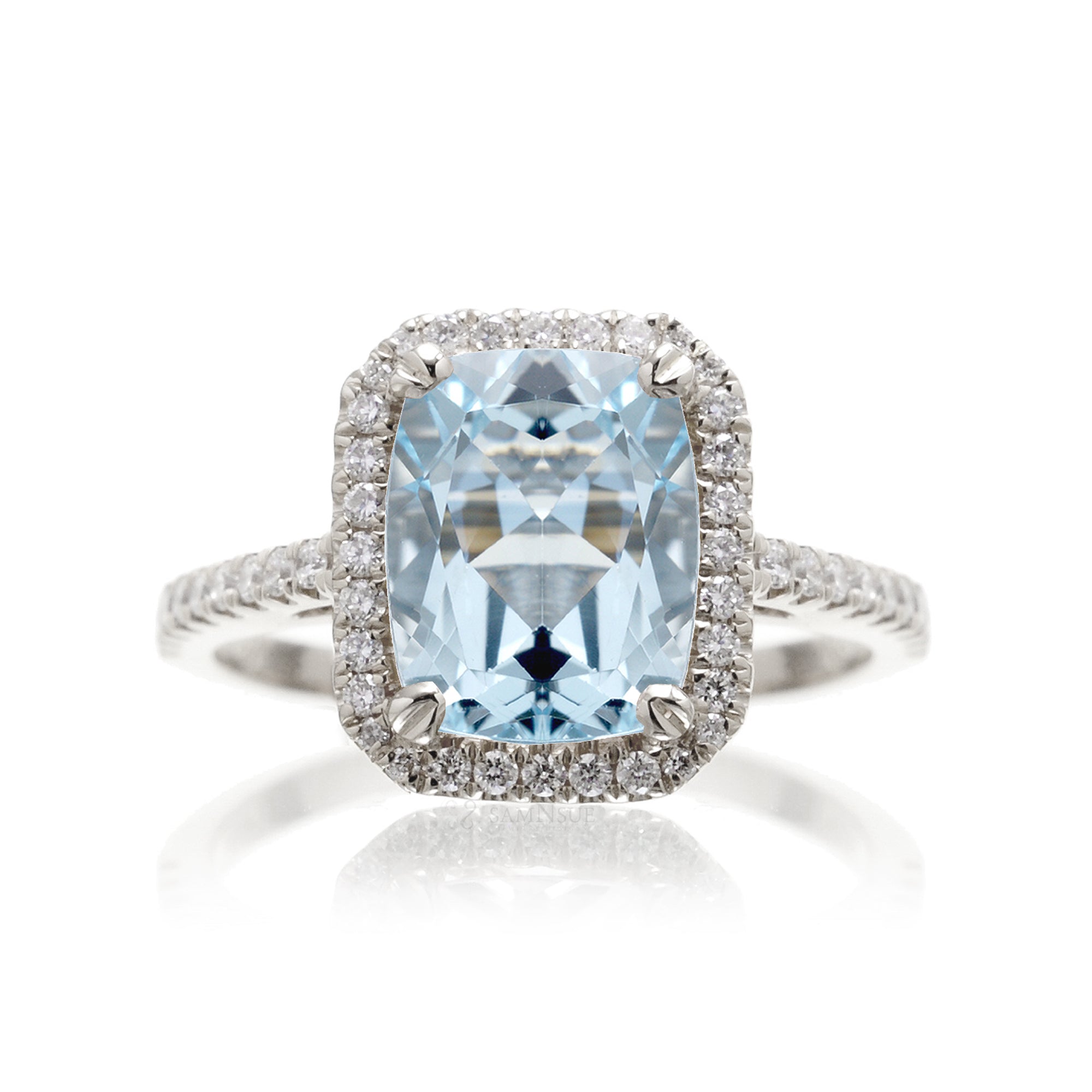 Cushion cut aquamarine diamond halo engagement ring The Signature elongated white gold