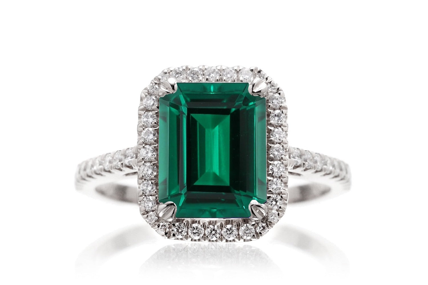 Emerald Cut Emerald With Diamond Halo Engagement Ring In White Gold or Platinum Cathedral Setting