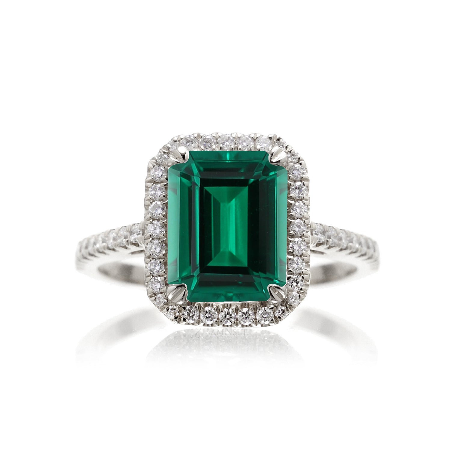 Emerald Cut Emerald With Diamond Halo Engagement Ring In White Gold or Platinum Cathedral Setting