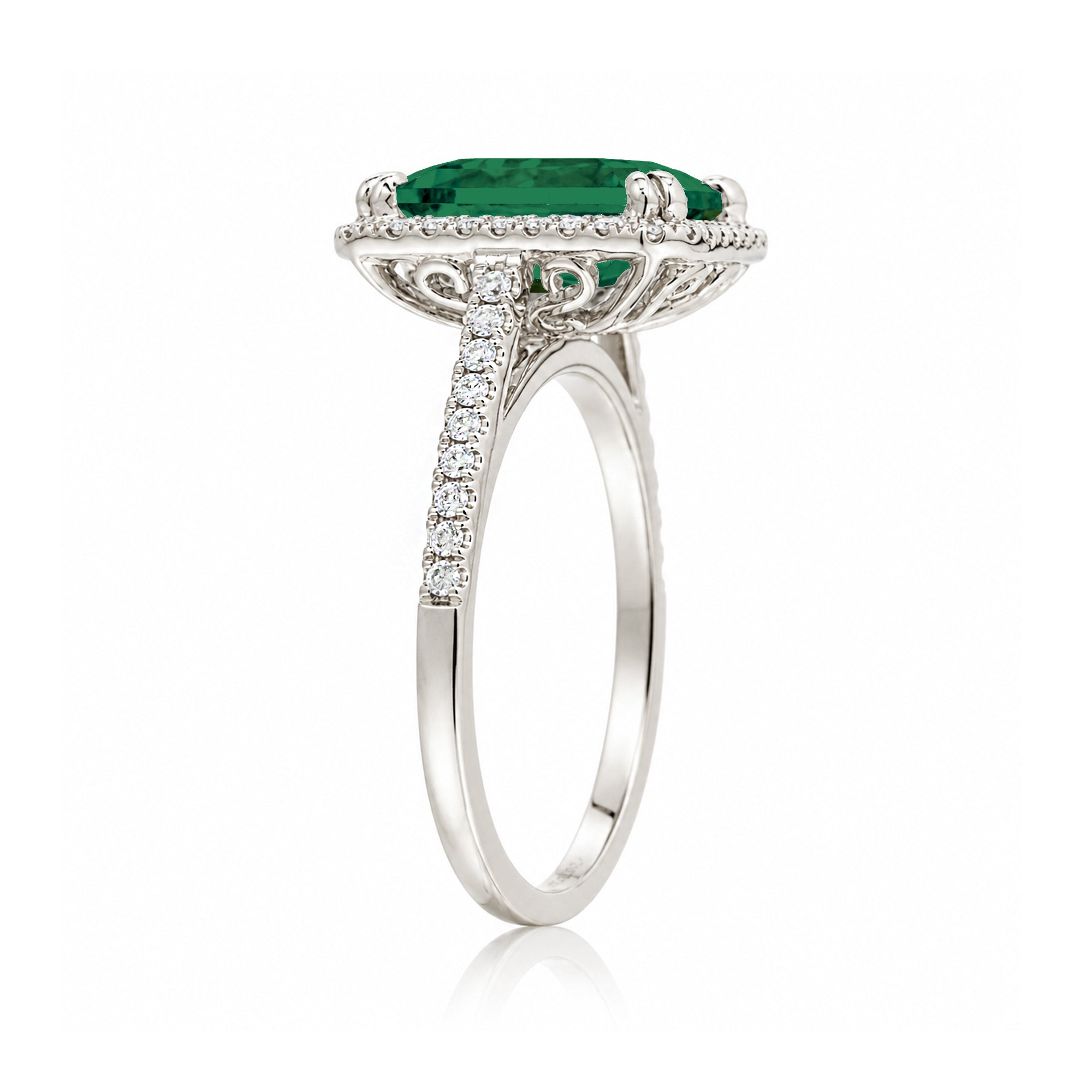 Emerald Cut Emerald With Diamond Halo Engagement Ring In White Gold or Platinum Cathedral Setting