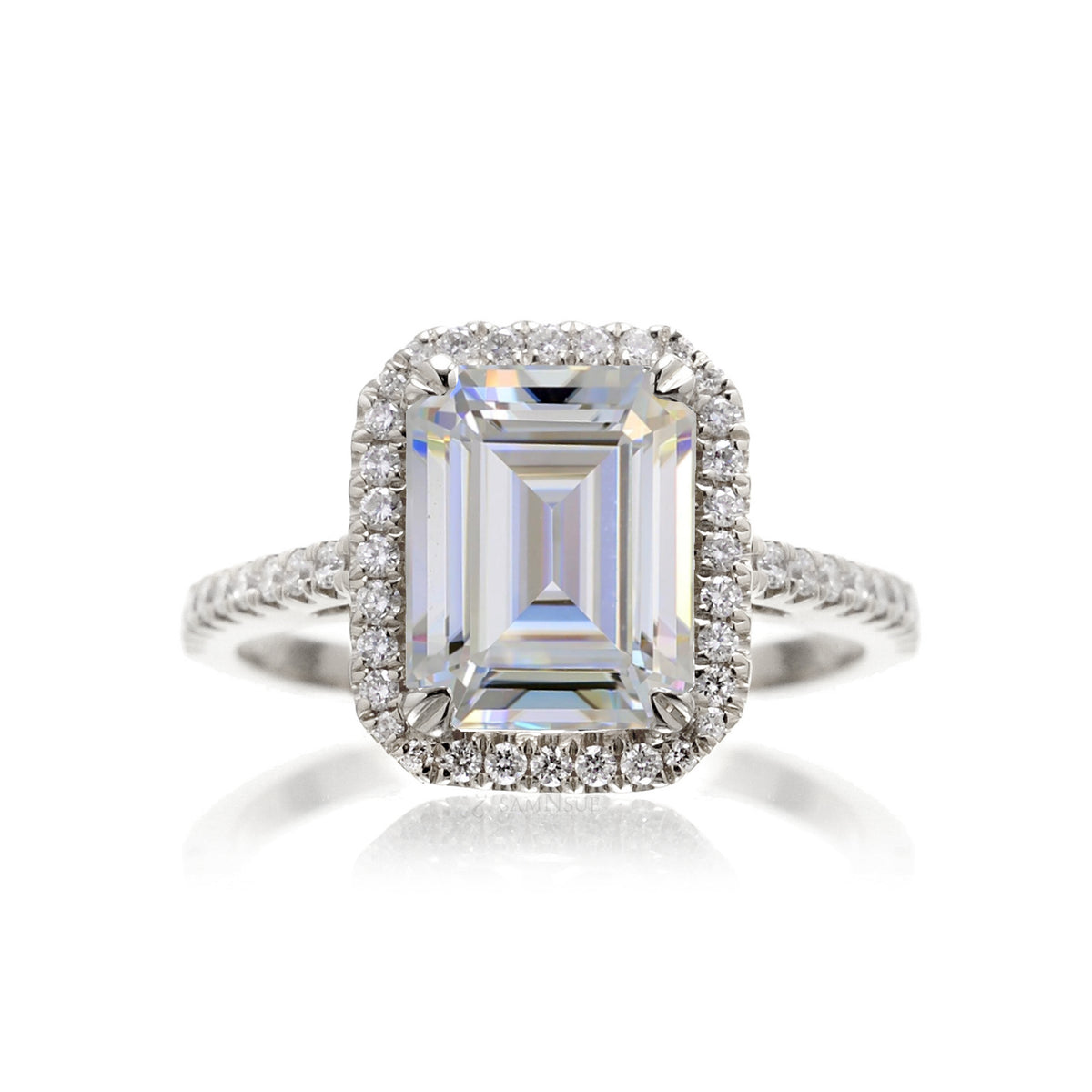 Emerald Cut Moissanite Engagement Ring With Diamond Halo