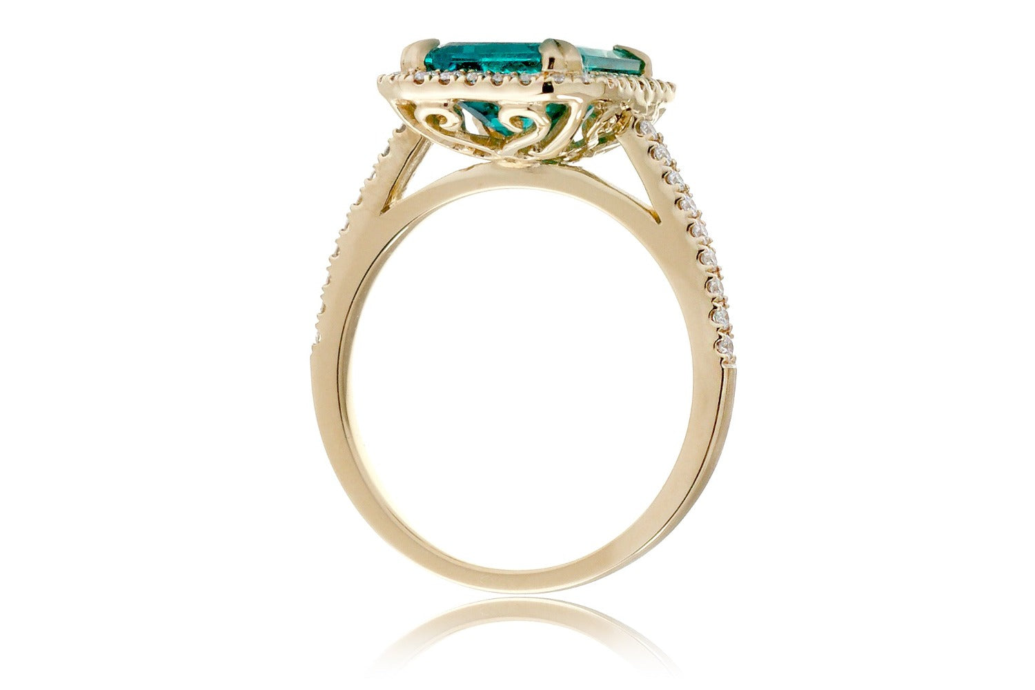 Emerald Cut Emerald With Diamond Halo Engagement Ring In Yellow Gold Cathedral Setting