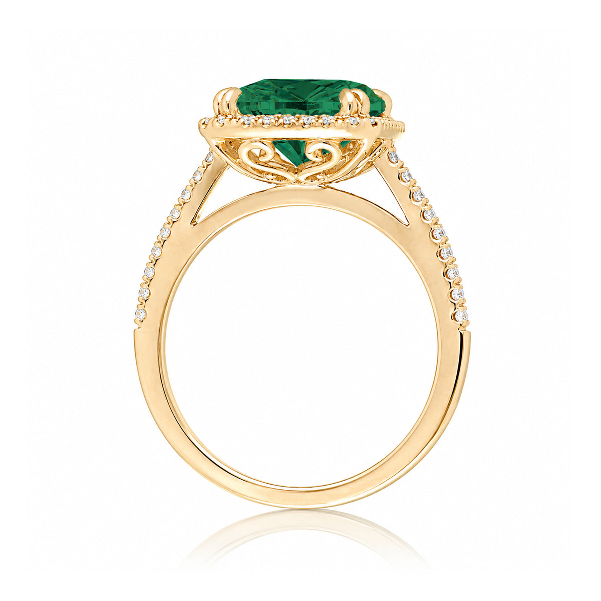 Emerald Cut Emerald With Diamond Halo Engagement Ring In Yellow Gold Cathedral Setting
