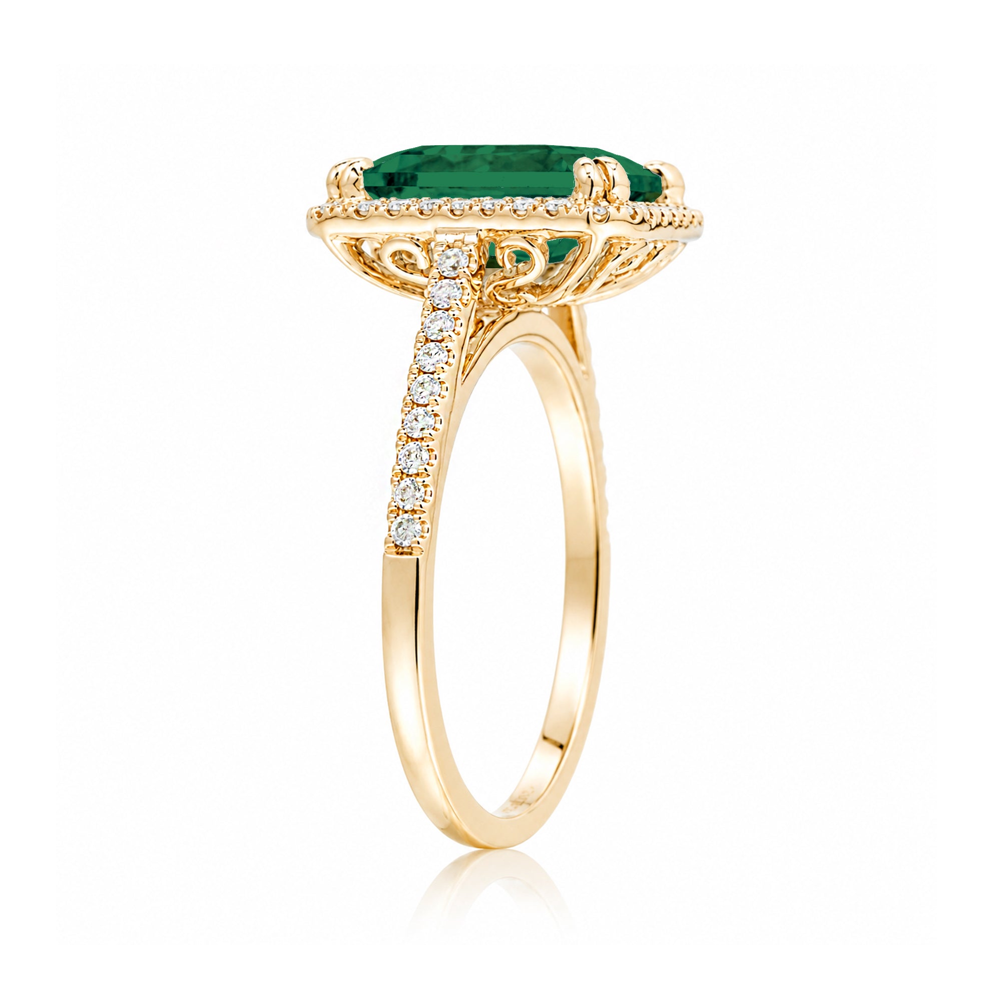 Emerald Cut Emerald With Diamond Halo Engagement Ring In Yellow Gold Cathedral Setting