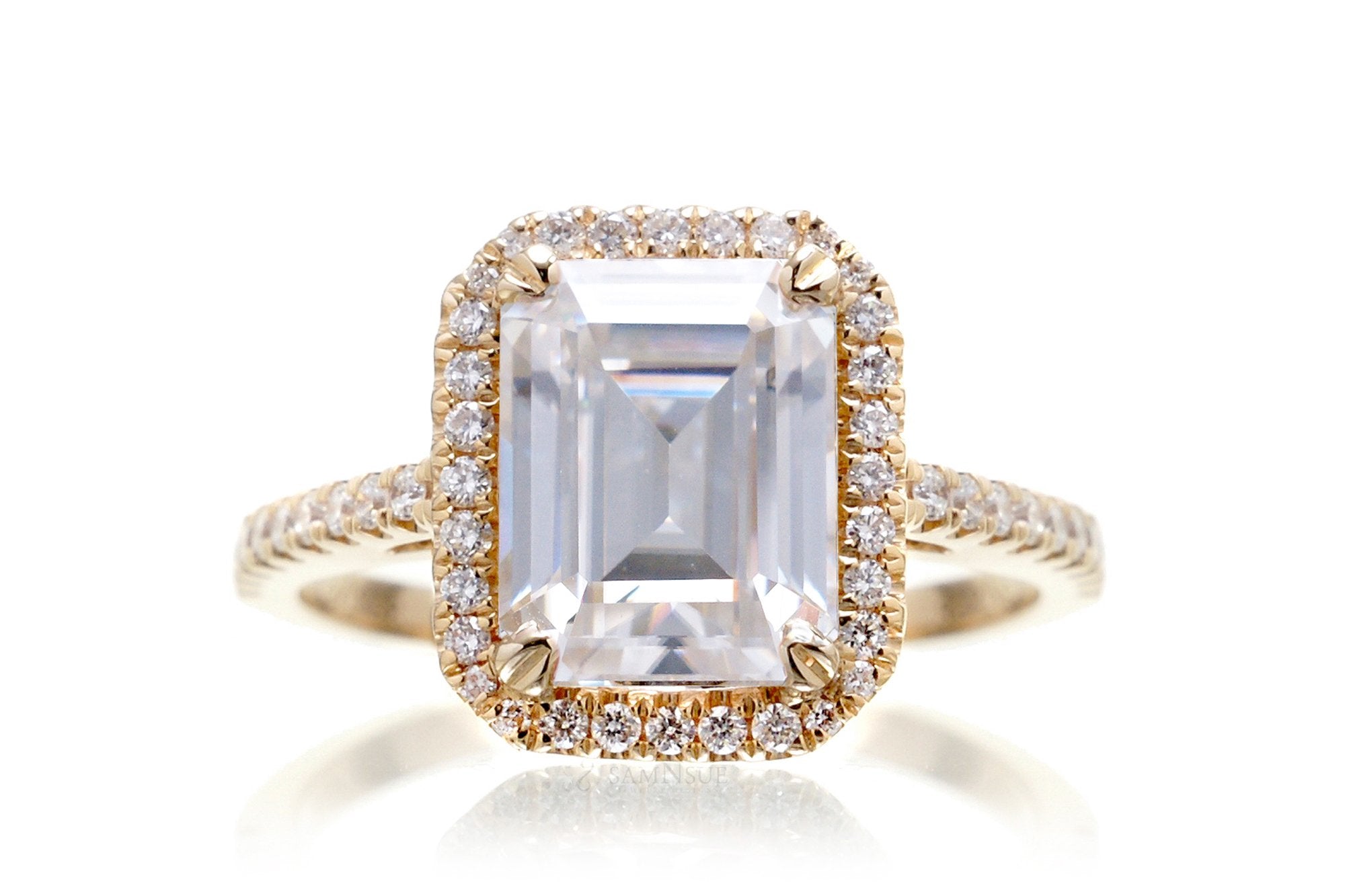 Emerald Cut Moissanite With Diamond Halo Ring | The Signature In Yellow Gold