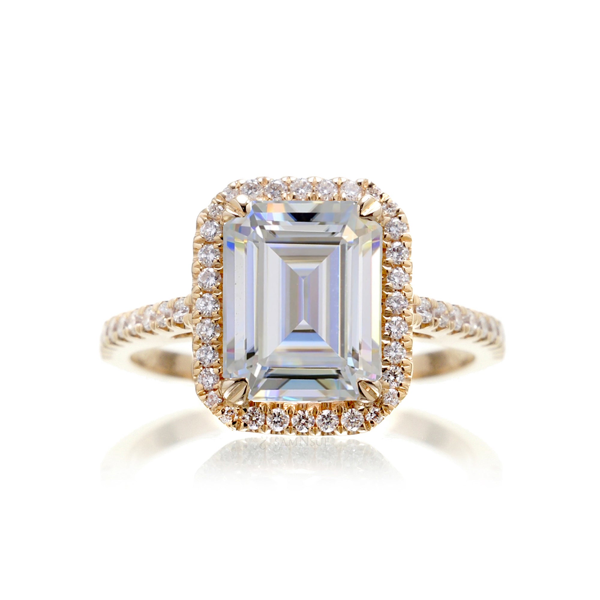 Emerald Cut Moissanite With Diamond Halo Ring | The Signature In Yellow Gold