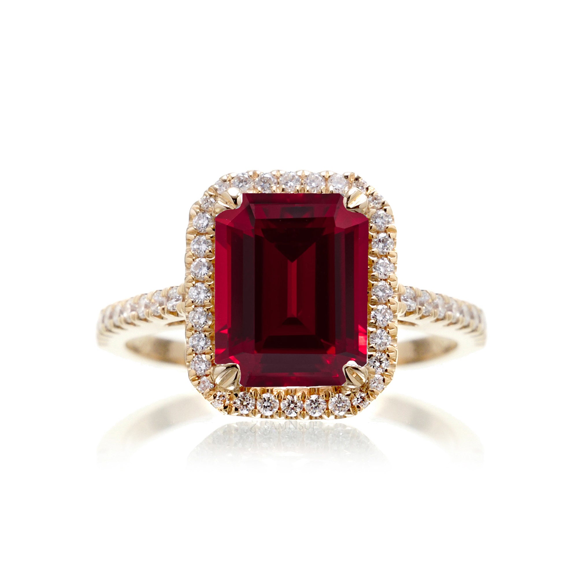 Emerald Cut Ruby With Diamond Halo Engagement Ring | The Signature Ring In Rose Gold