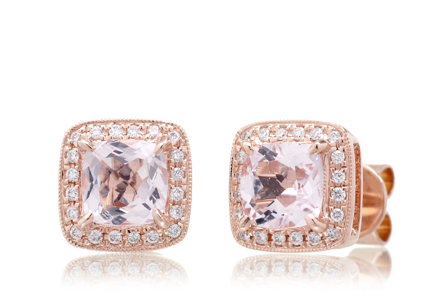 Morganite Studs Cushion Diamond Halo