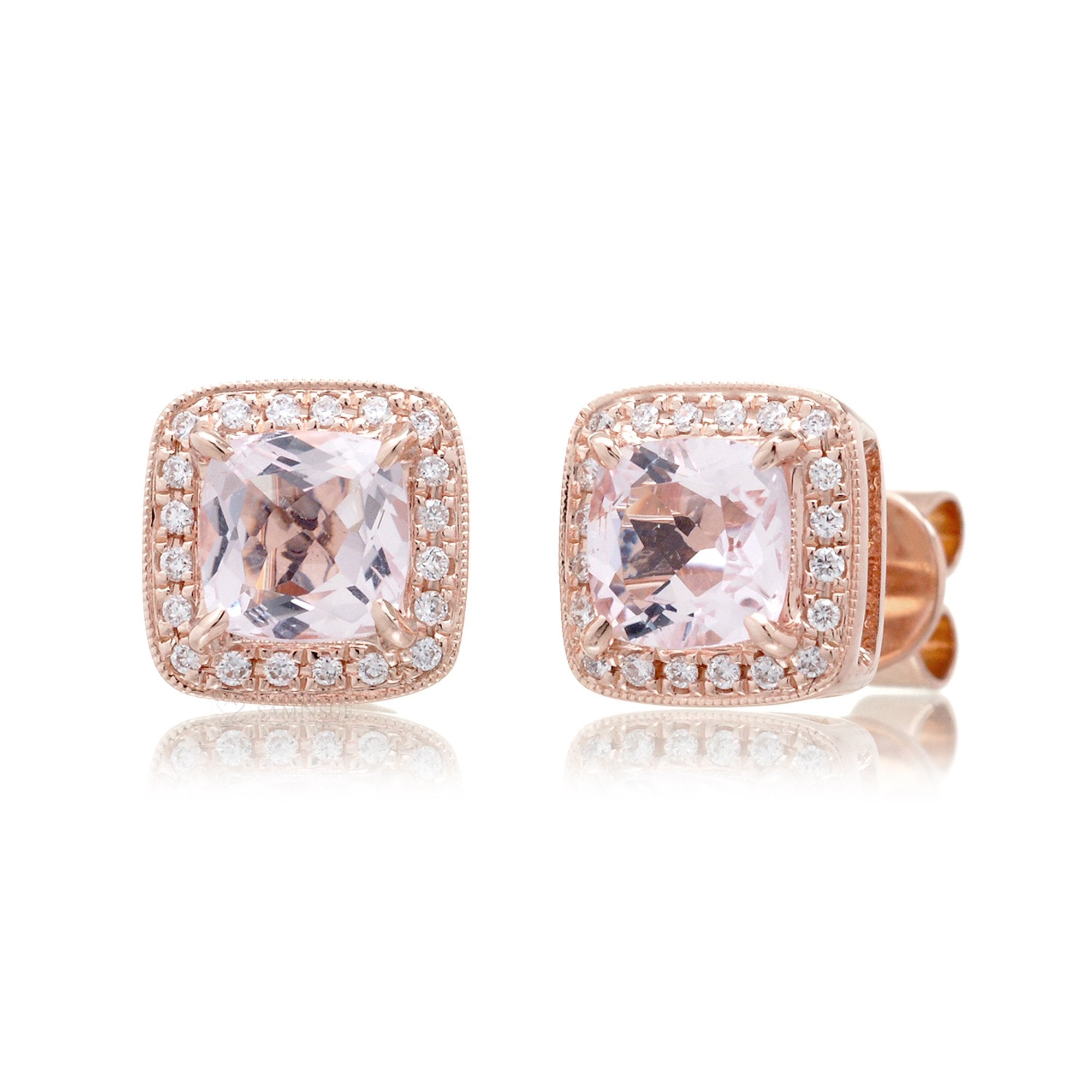 Morganite Studs Cushion Diamond Halo (5mm)