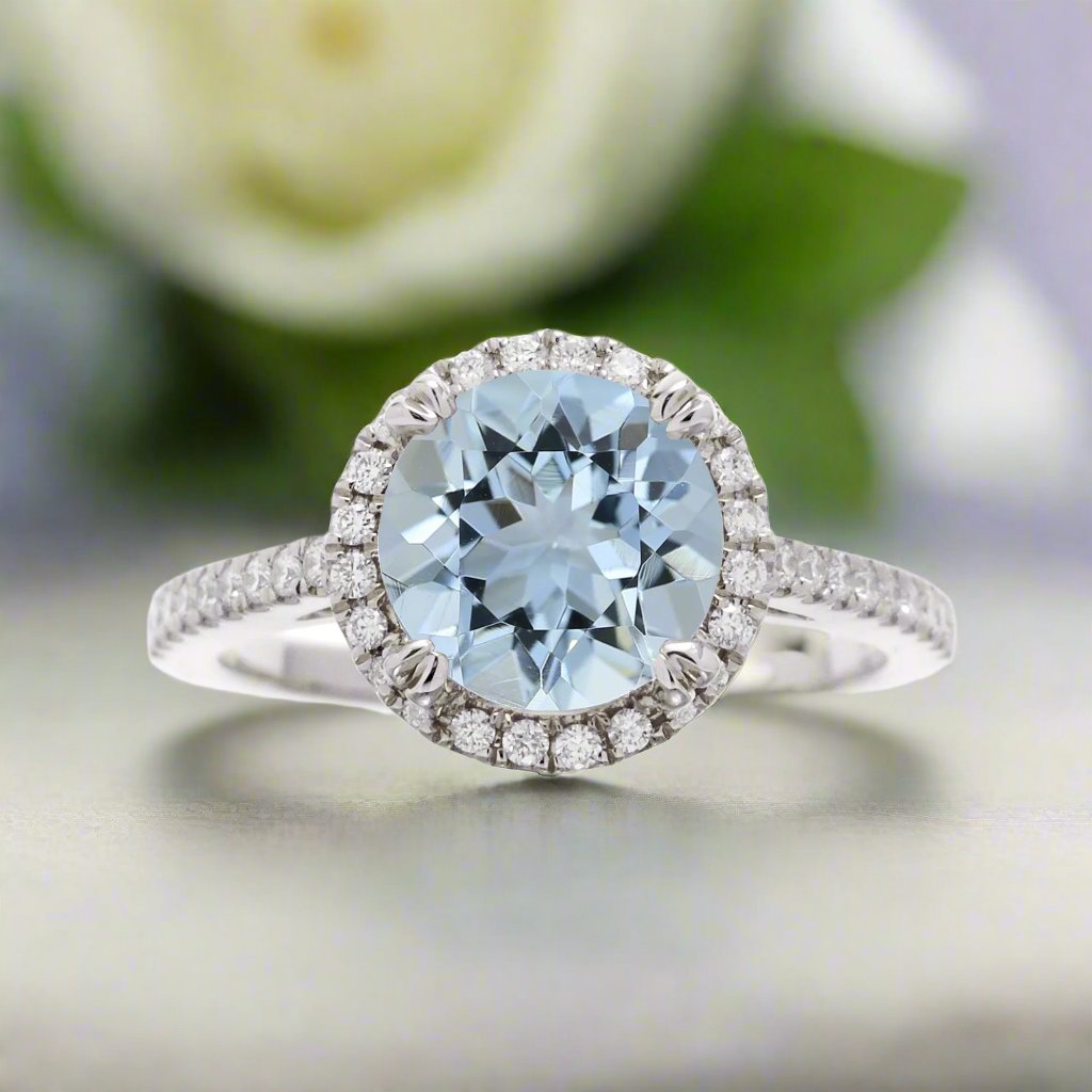 Round Halo Aquamarine Engagement Ring.