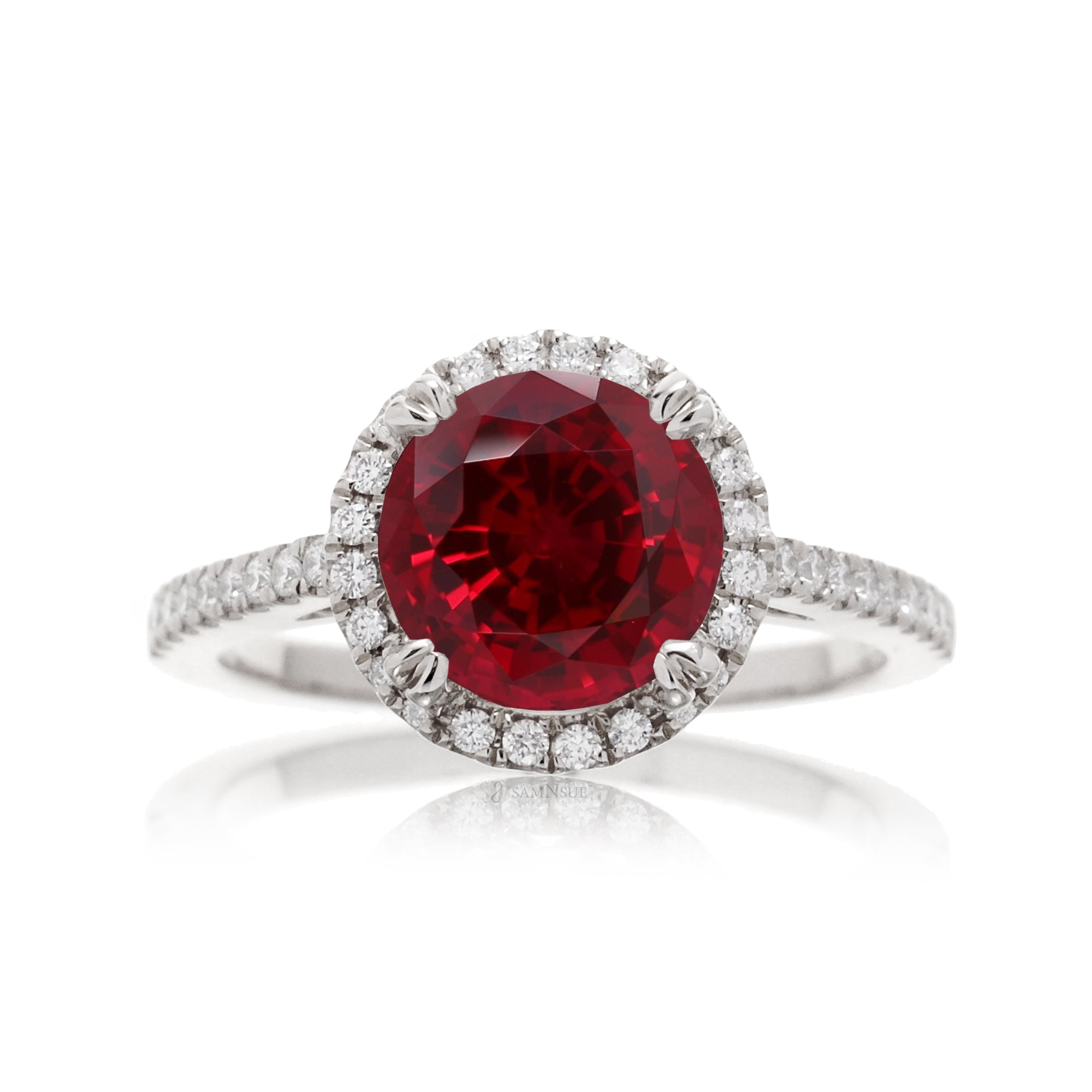 Ruby engagement ring round diamond halo in white gold