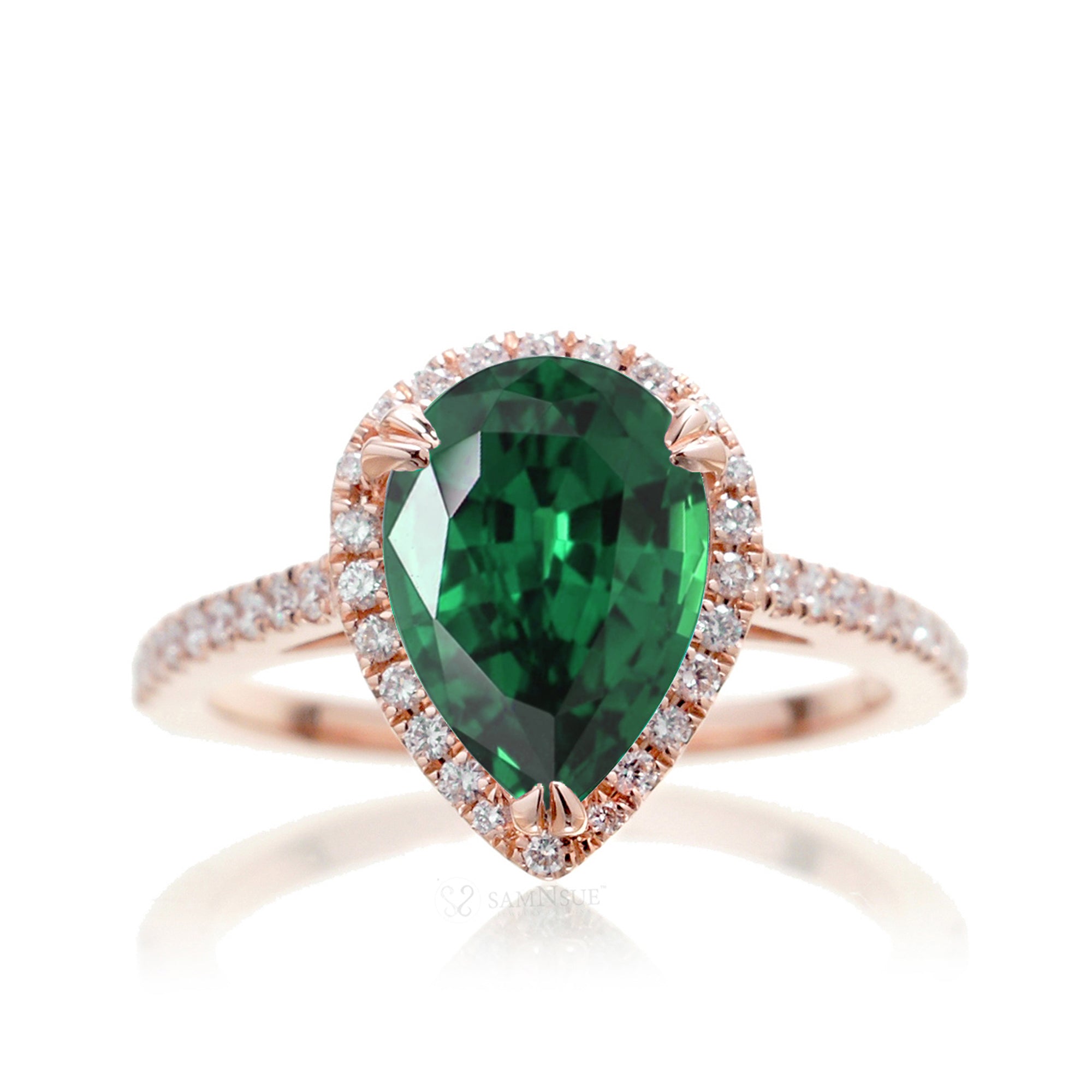 Pear green emerald diamond halo cathedral engagement ring rose gold - The Signature