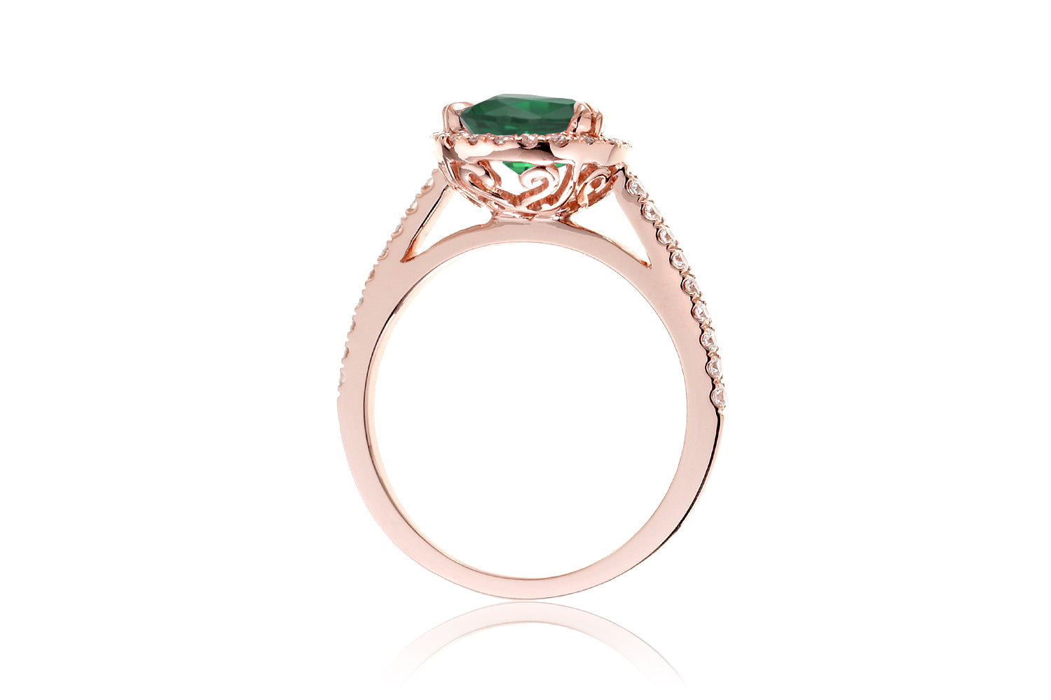 Pear green emerald diamond halo cathedral engagement ring rose gold - The Signature