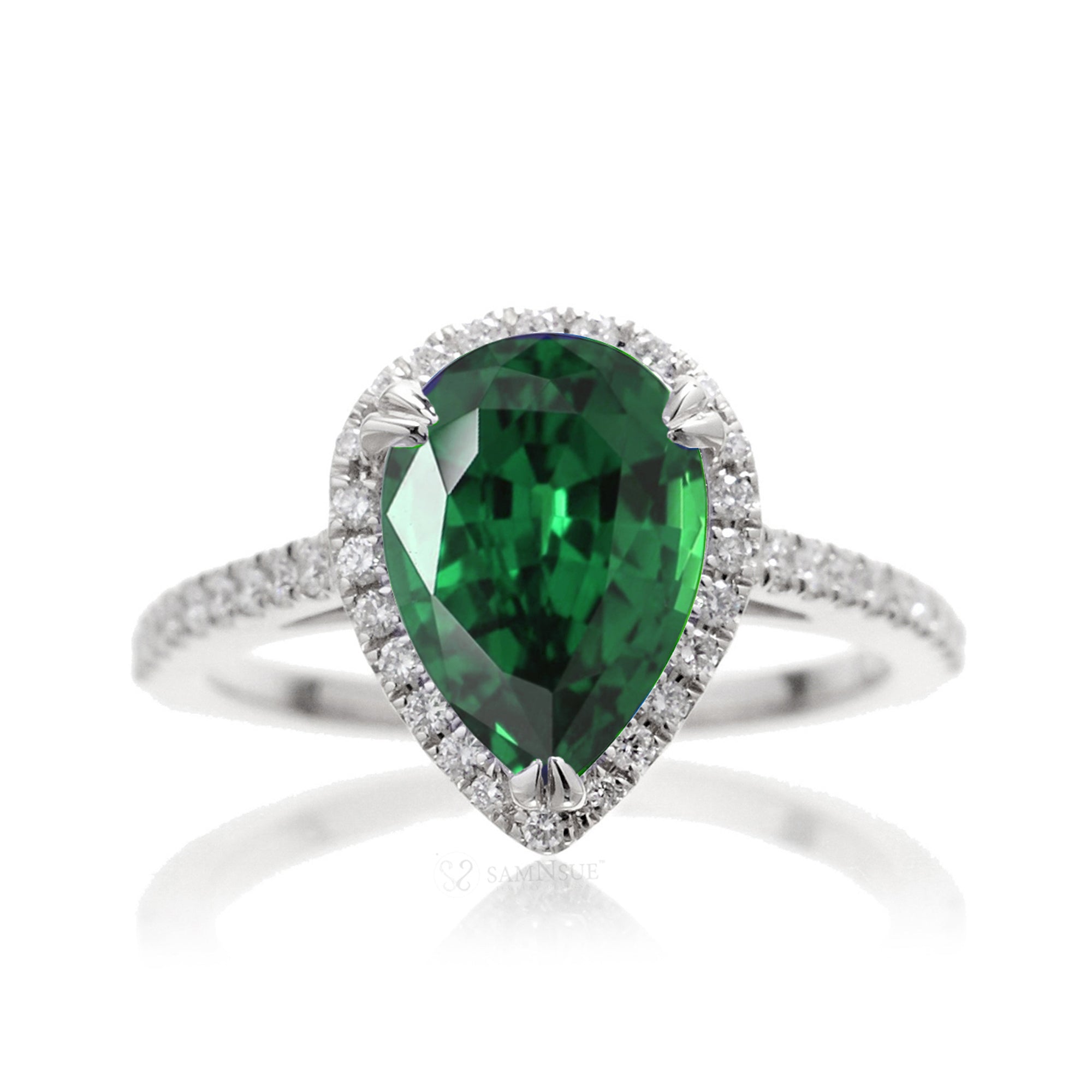 Pear green emerald diamond halo cathedral engagement ring white gold - The Signature
