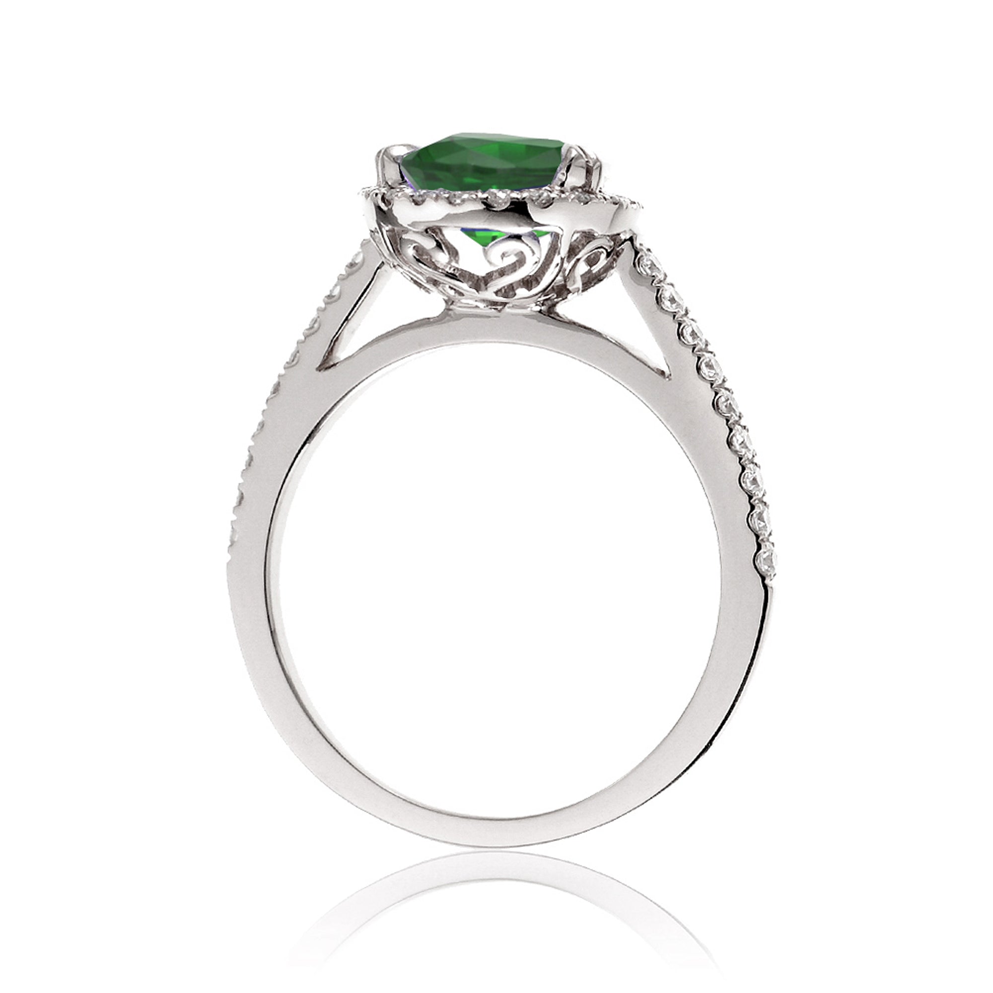 Pear green emerald diamond halo cathedral engagement ring white gold - The Signature