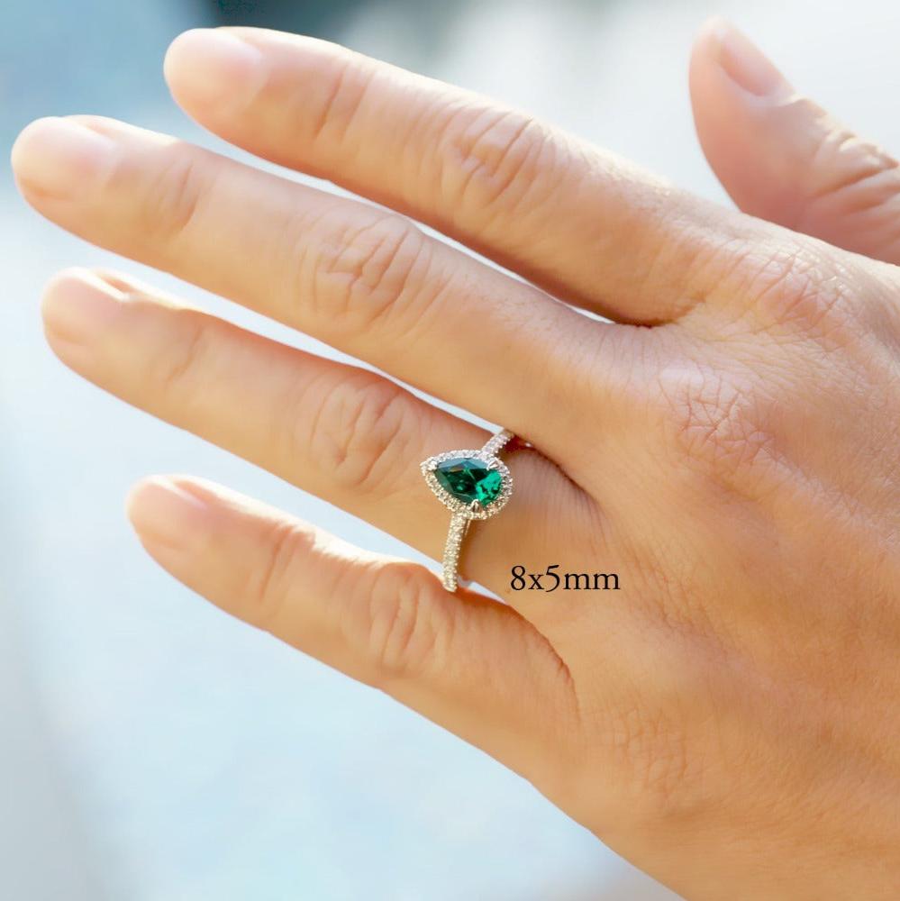 Pear green emerald diamond halo cathedral engagement ring white gold - The Signature