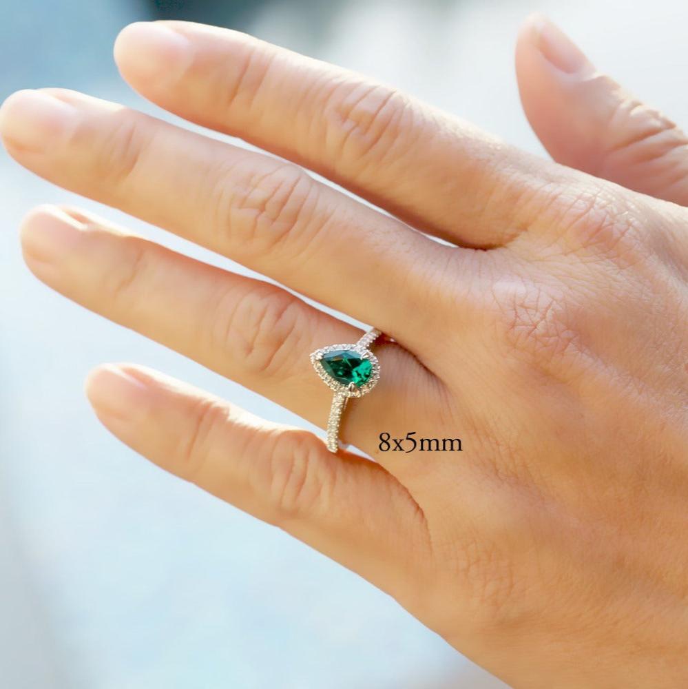 Pear green emerald diamond halo cathedral engagement ring yellow gold - The Signature