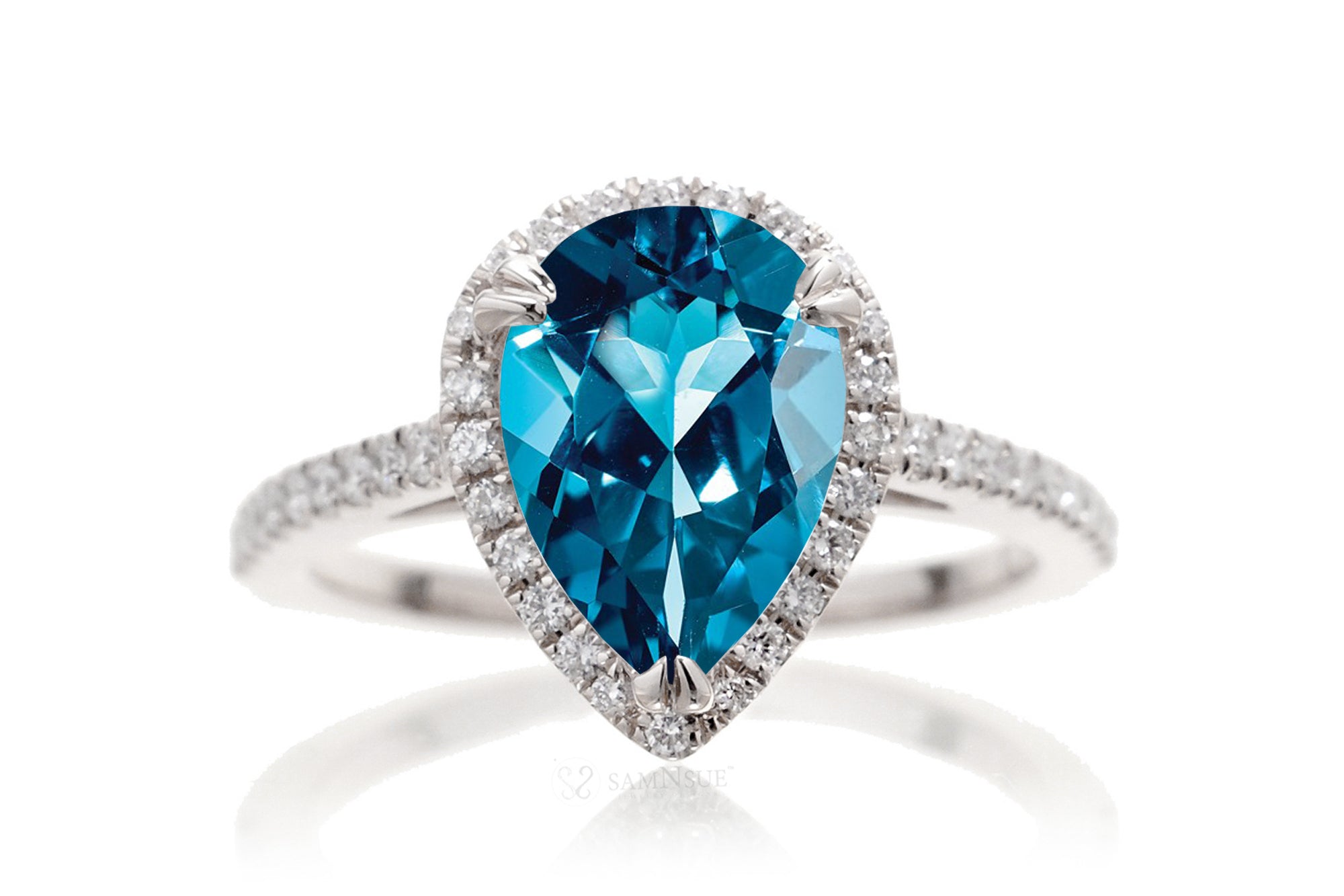 London blue topaz pear shape diamond halo engagement ring | The Signature Ring In White Gold