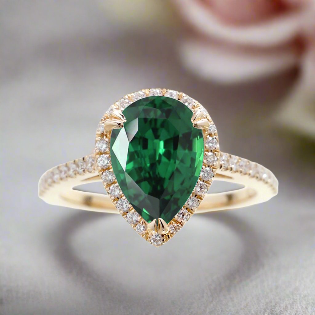 Pear green emerald diamond halo cathedral engagement ring yellow gold - The Signature