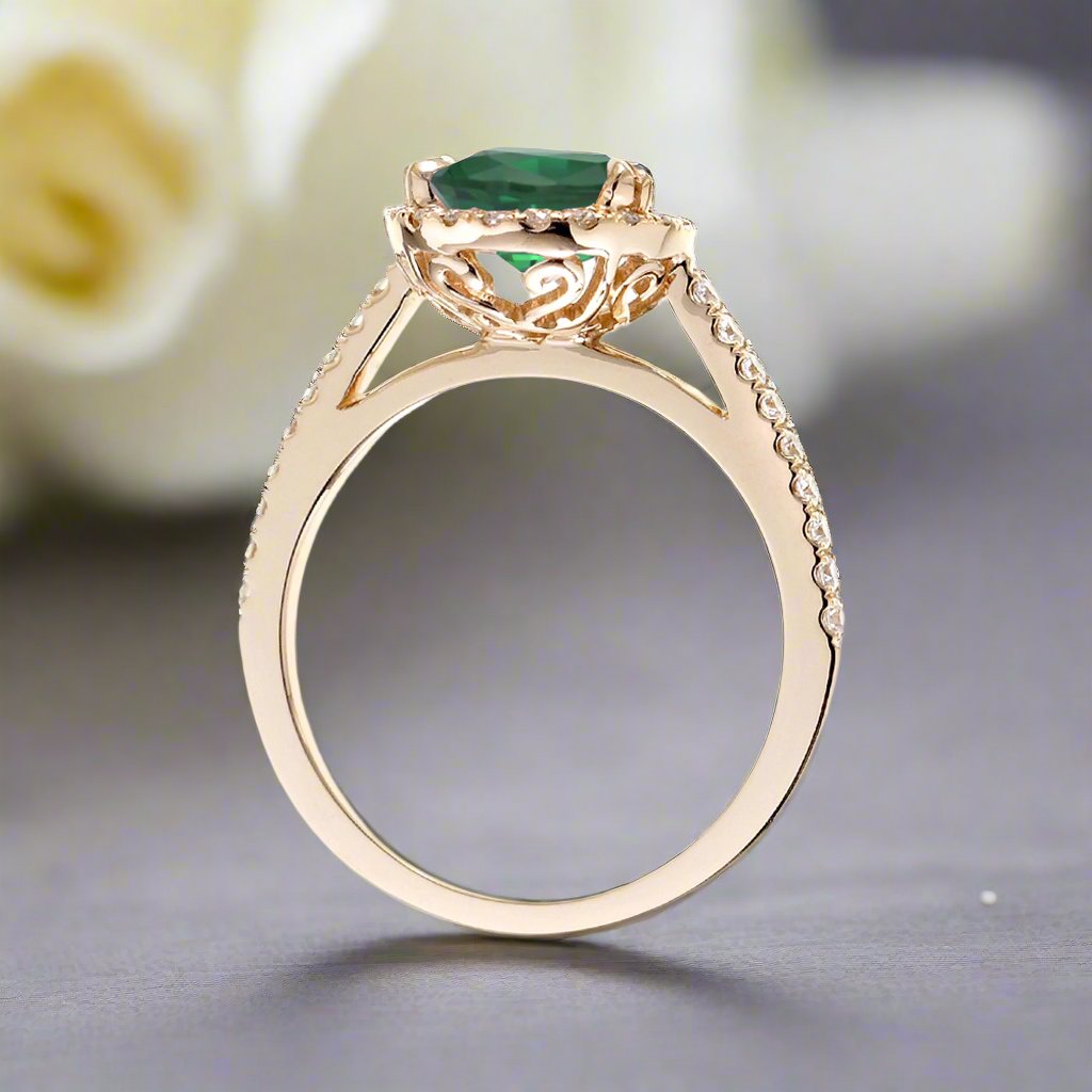 Pear green emerald diamond halo cathedral engagement ring yellow gold - The Signature