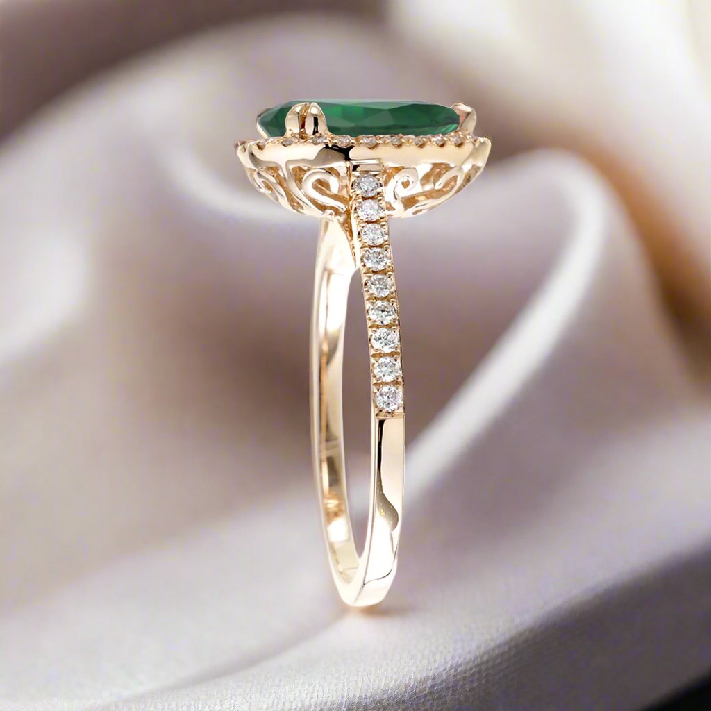 Pear green emerald diamond halo cathedral engagement ring yellow gold - The Signature