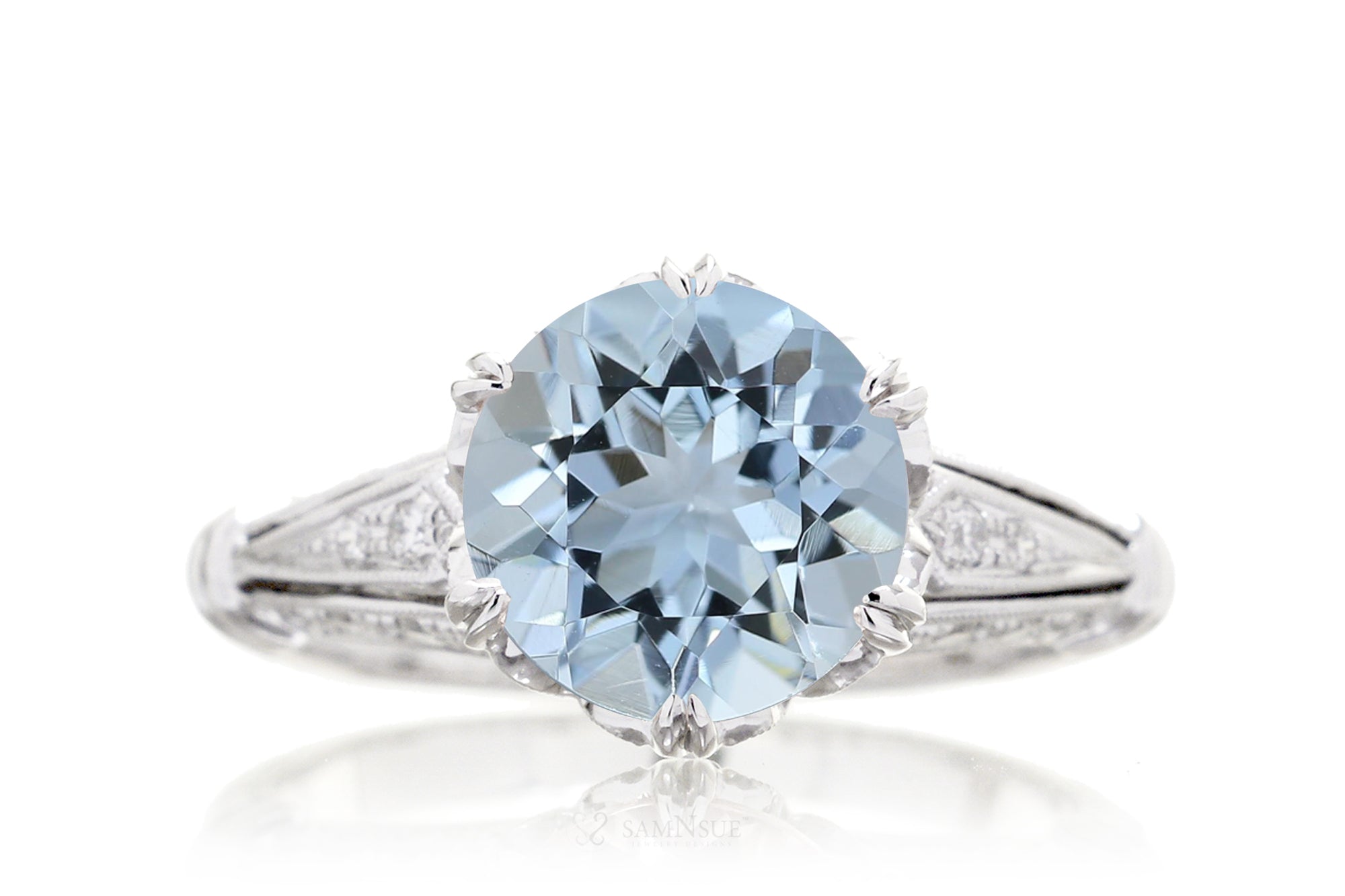Round Aquamarine Vintage Style Crown Engagement Ring