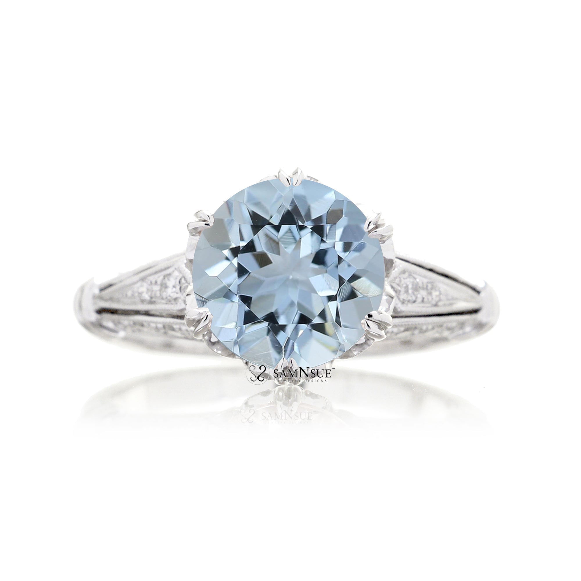 Round Aquamarine Vintage Style Crown Engagement Ring