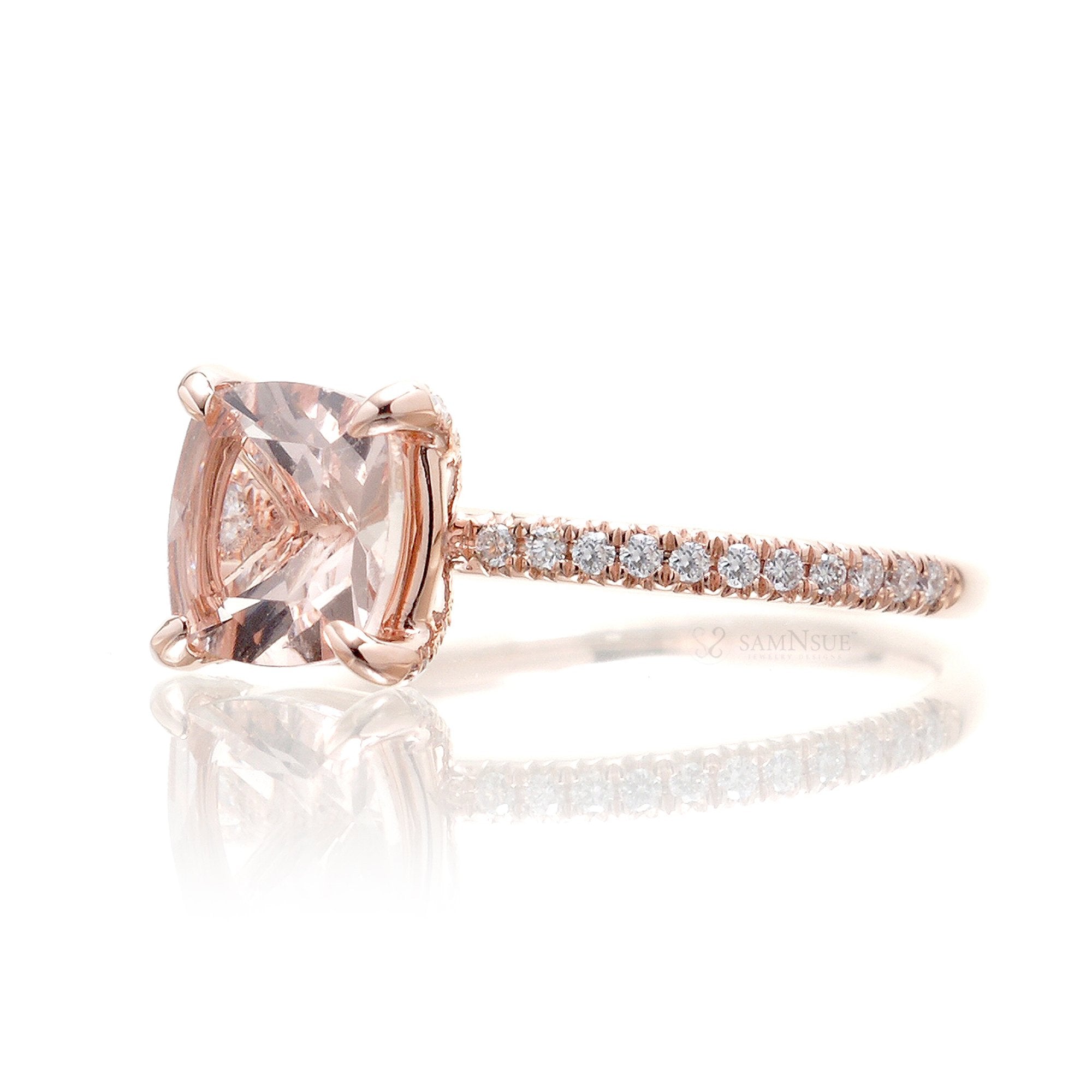 Square cushion morganite diamond band ring in rose gold - The Ava