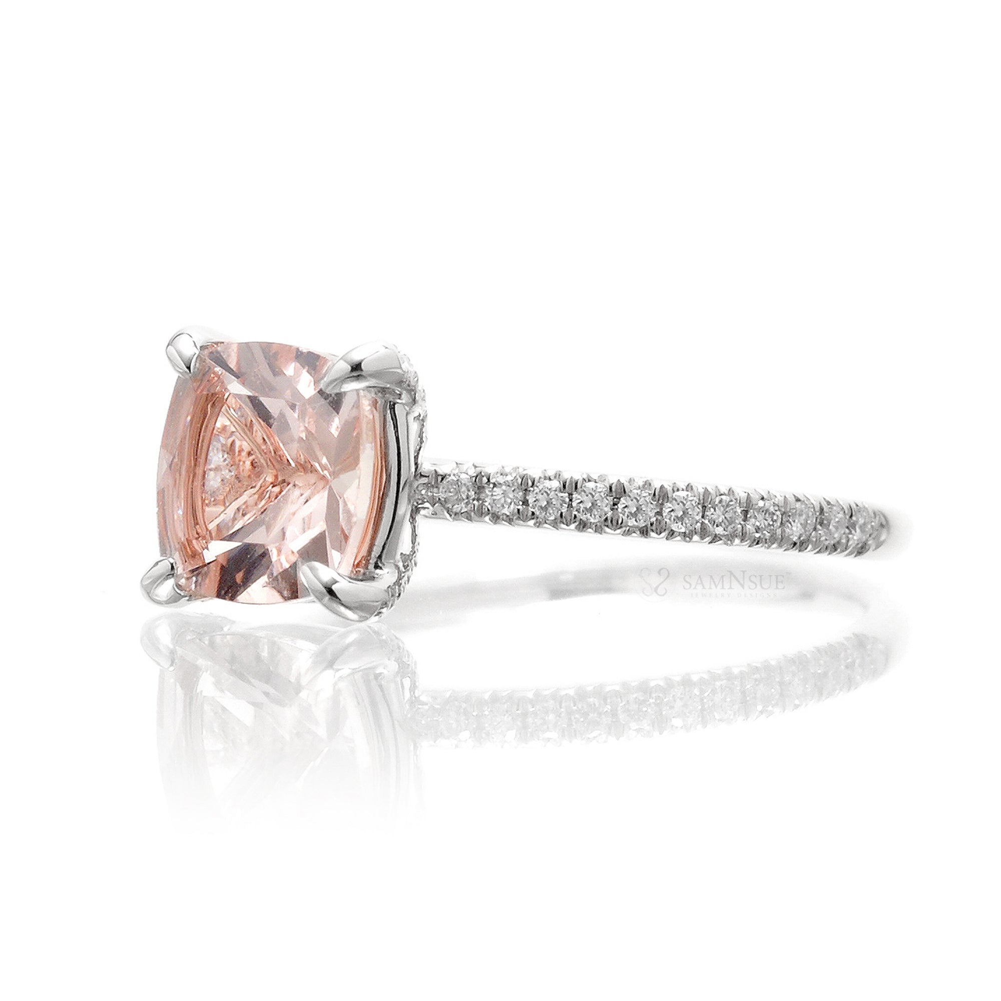 Square cushion morganite diamond band ring in white gold - The Ava