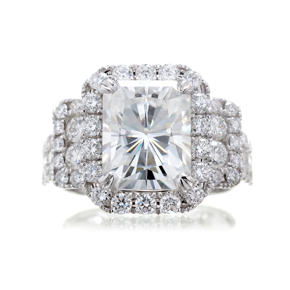 Radiant Cut Moissanite Engagement Ring With Diamond Halo And Wide Band
