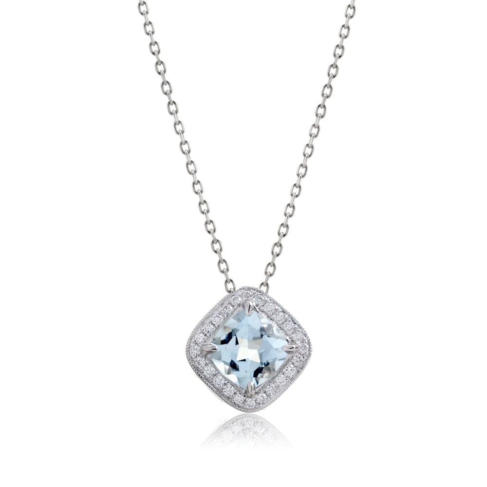 Aquamarine Cushion Diamond Halo Pendant (5mm)