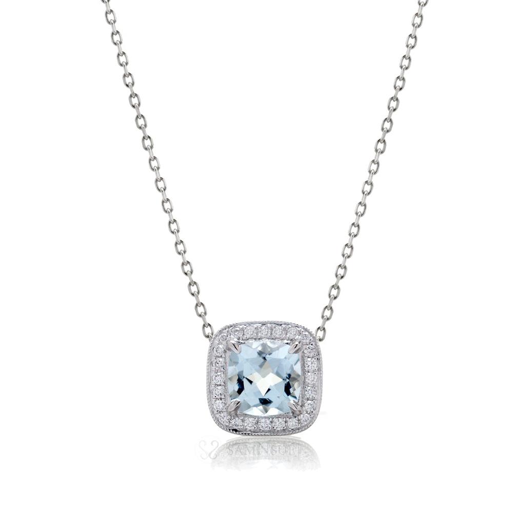 Aquamarine Cushion Diamond Halo Pendant (5mm)
