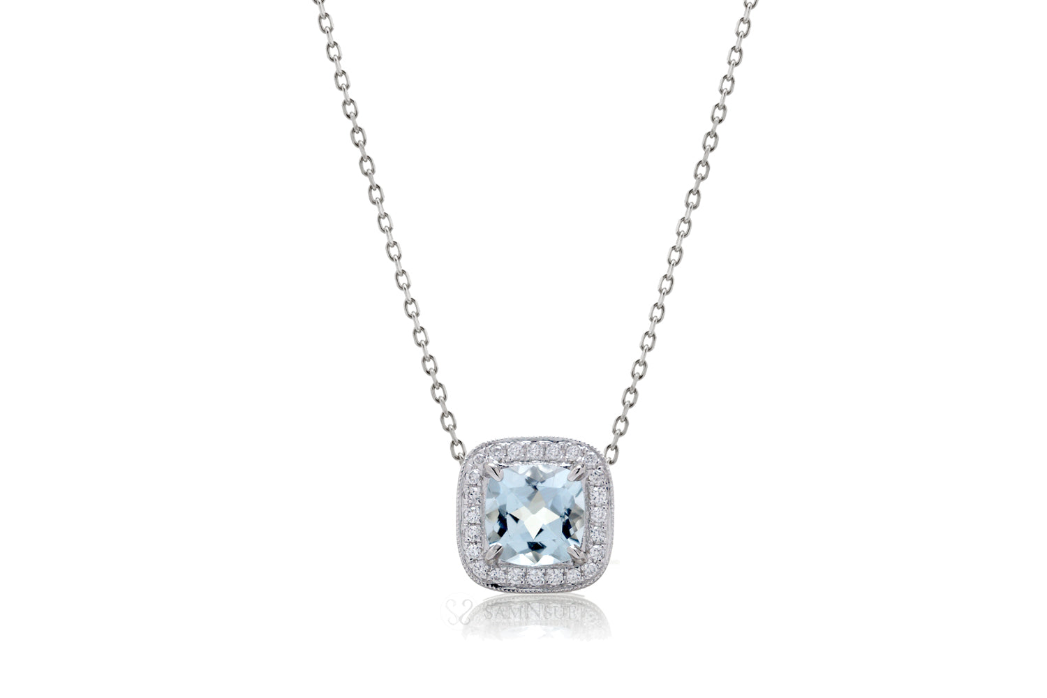 Aquamarine Cushion Diamond Halo Pendant (5mm)