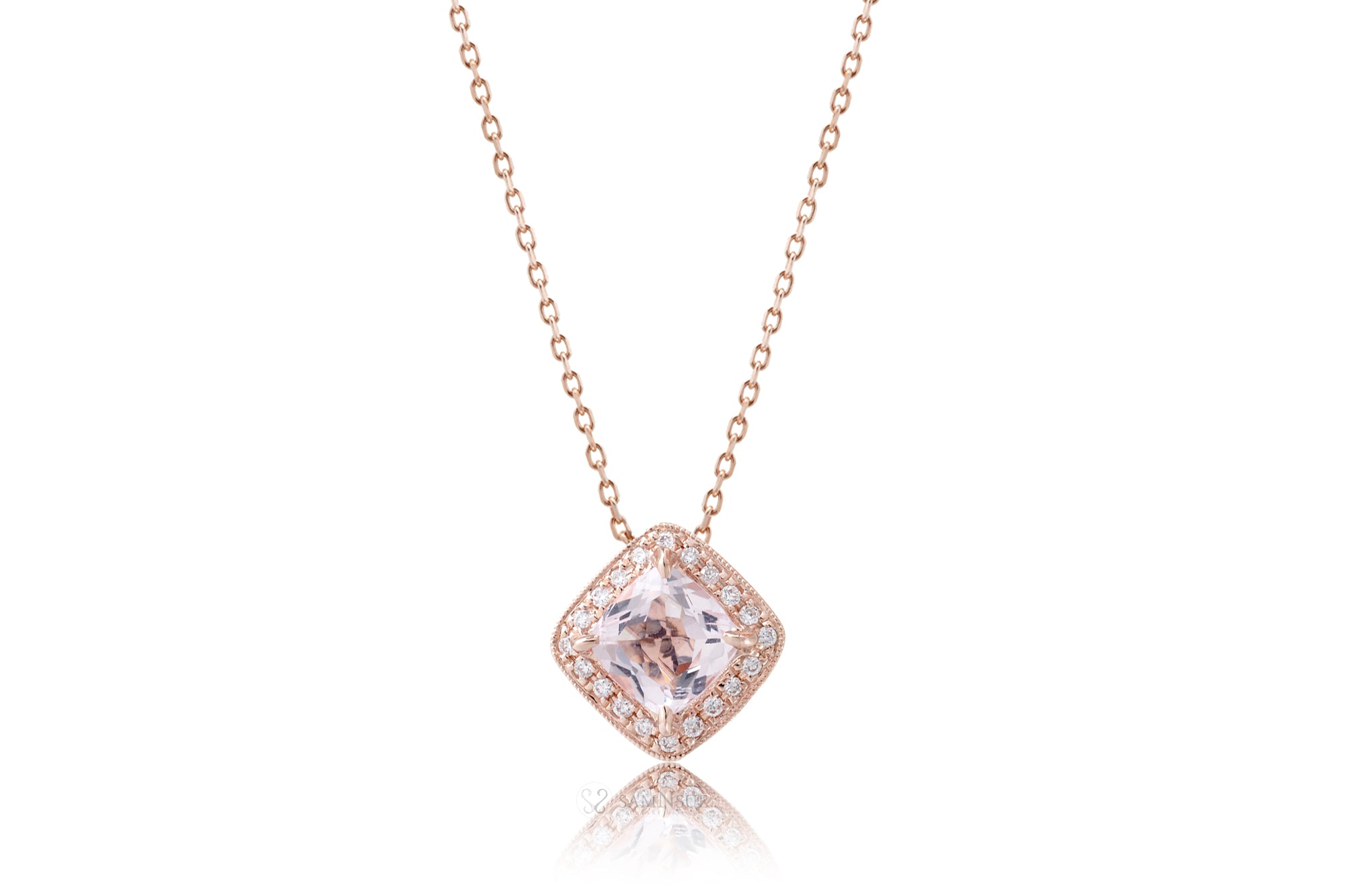 Morganite Diamond Pendant Solid 14K RG Bonus 14KR Chain