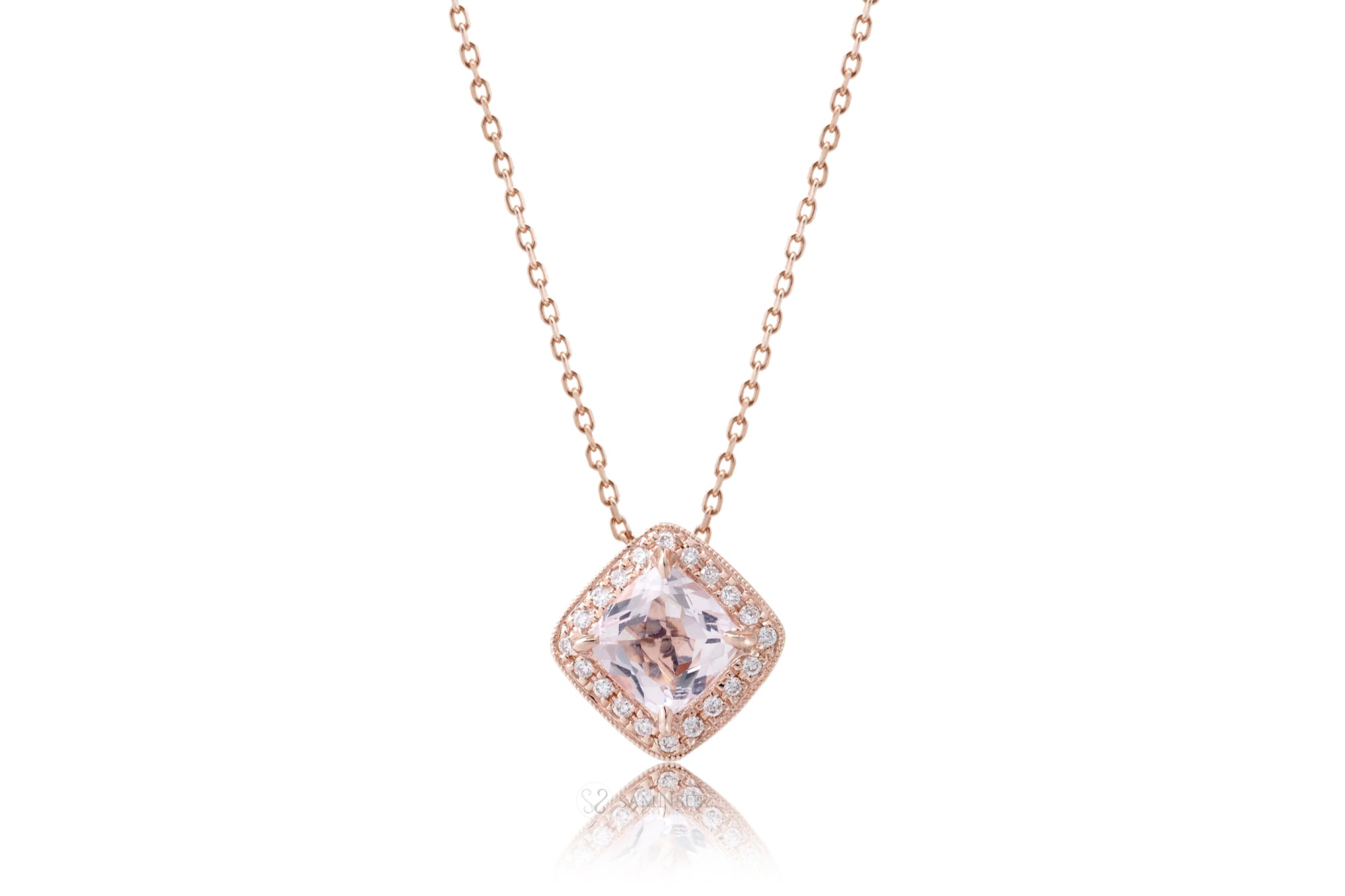 Cushion Morganite Pendant With Diamond Halo Rose Gold 5mm