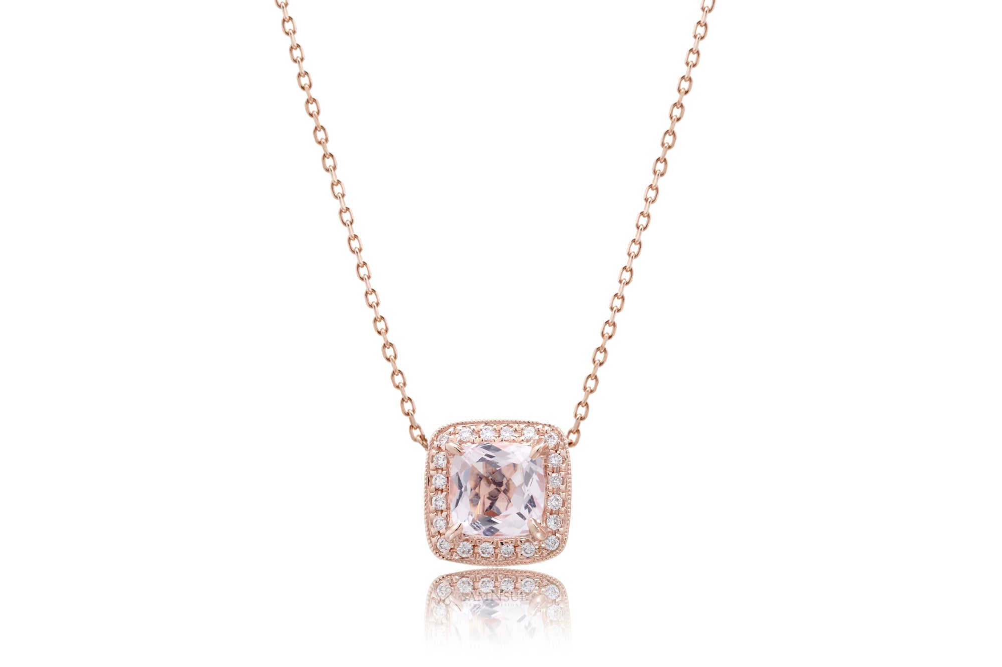 Morganite Pendant Cushion Diamond Halo (5mm)