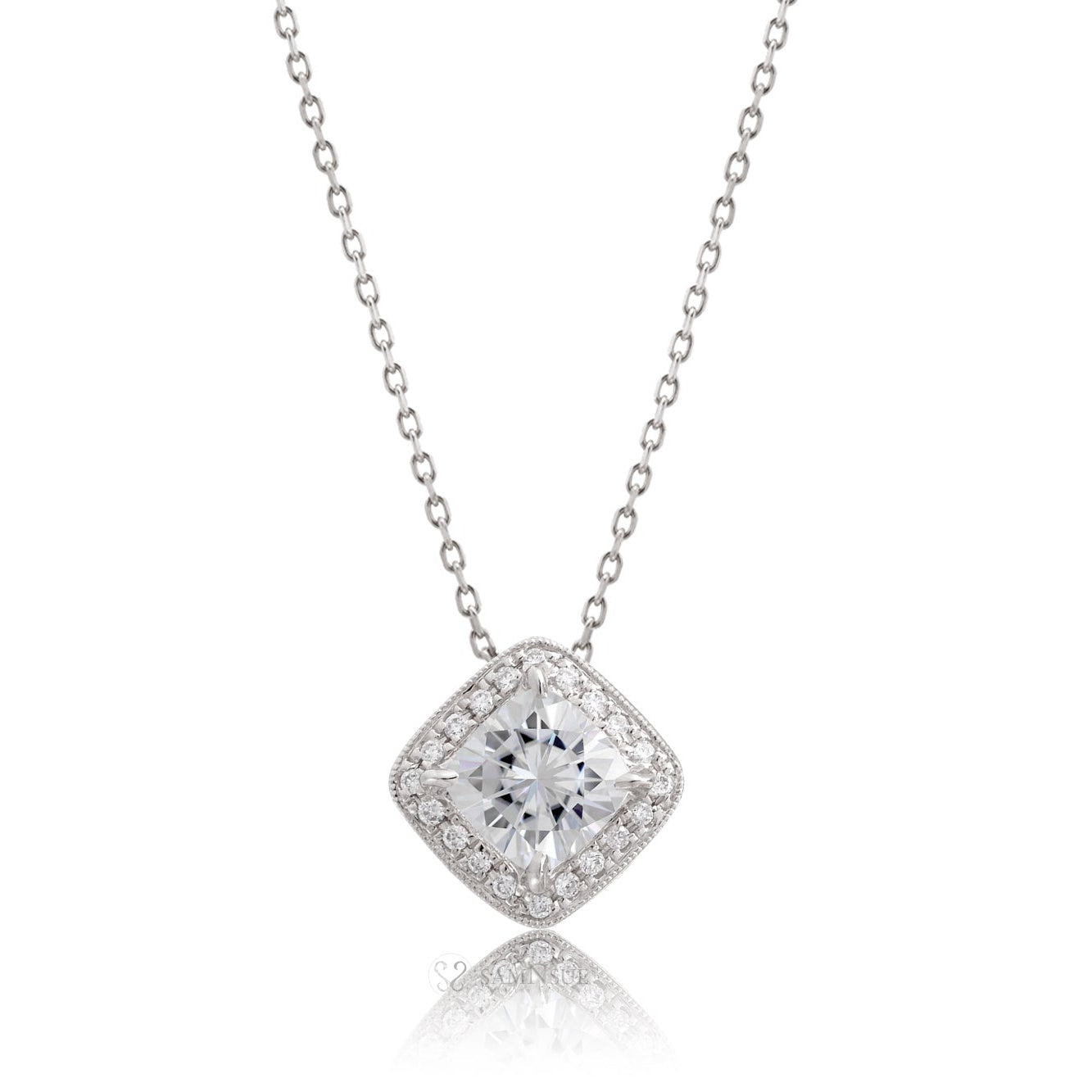 Moissanite Cushion Diamond Halo Pendant