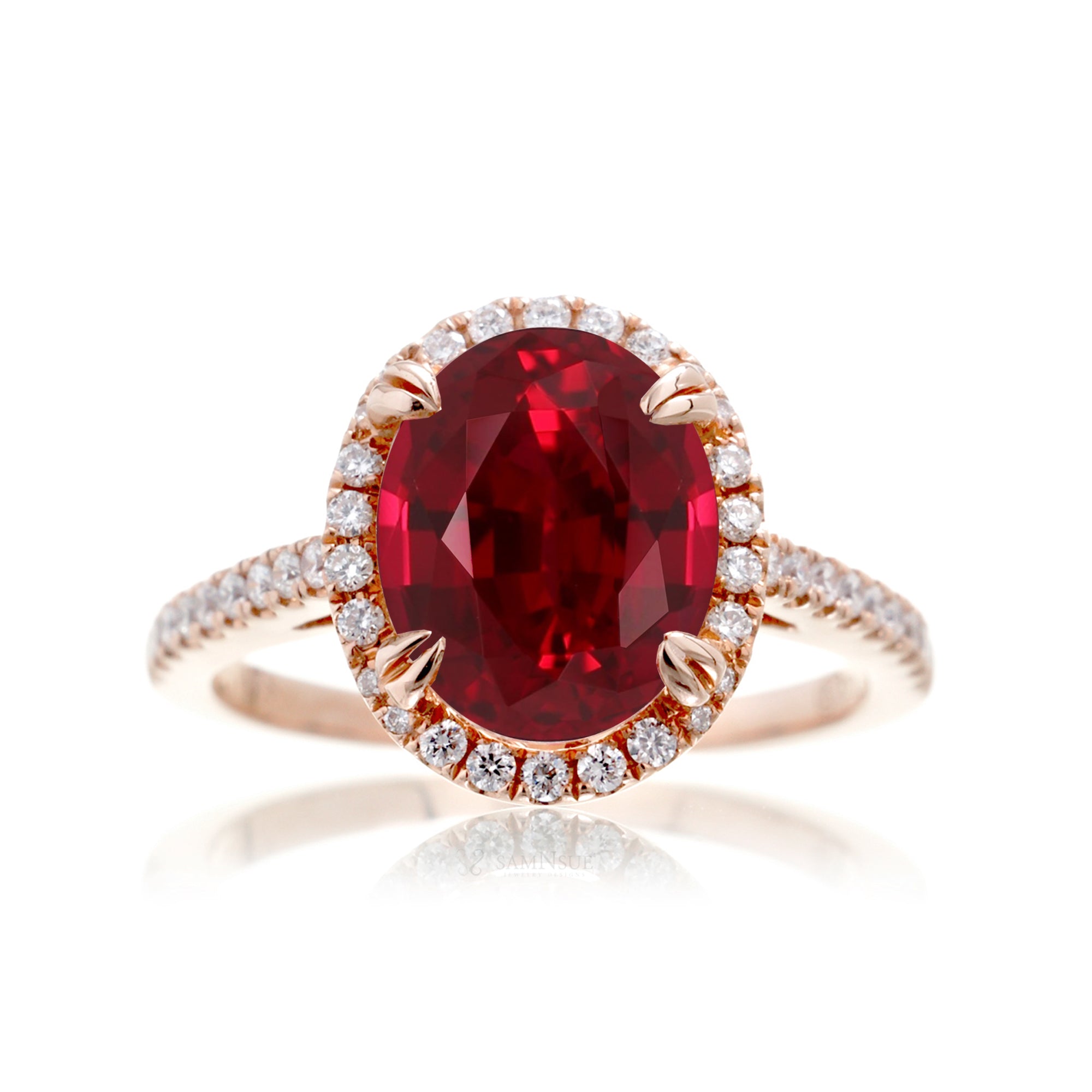 Oval shape ruby diamond engagement ring in rose gold