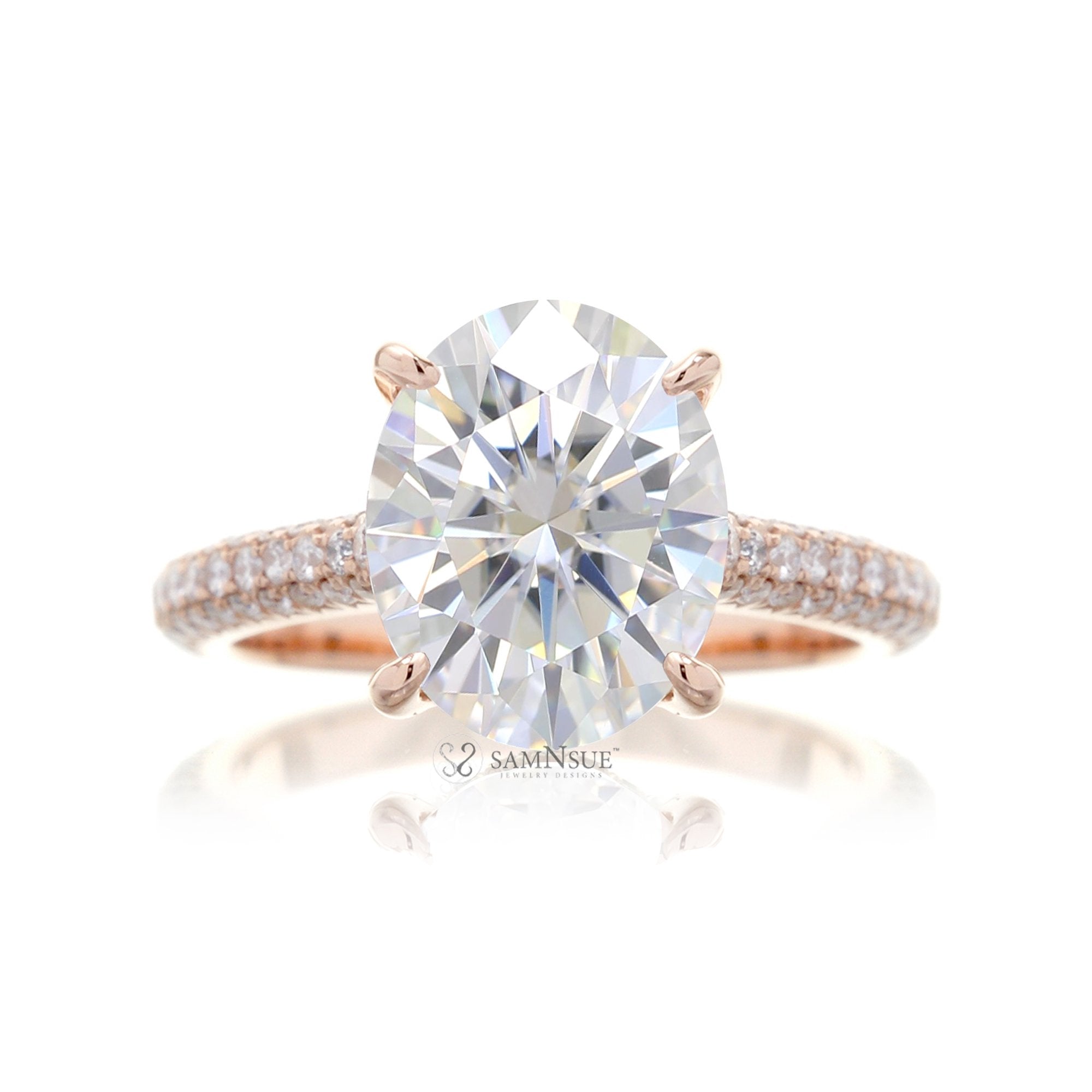 Oval Moissanite Engagement Ring with 3-Row Diamond Band Rose Gold