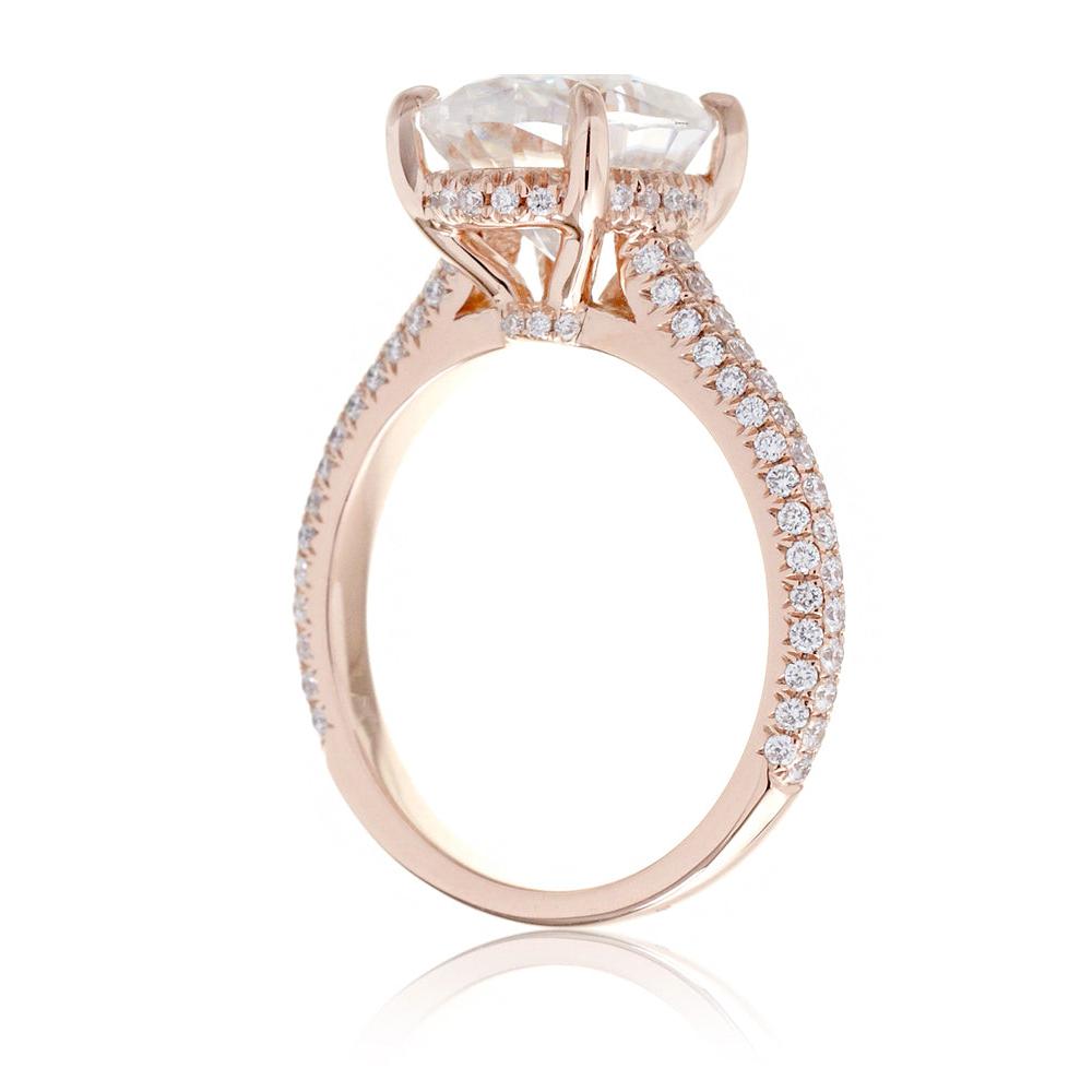 Oval Moissanite Engagement Ring with 3-Row Diamond Band Rose Gold