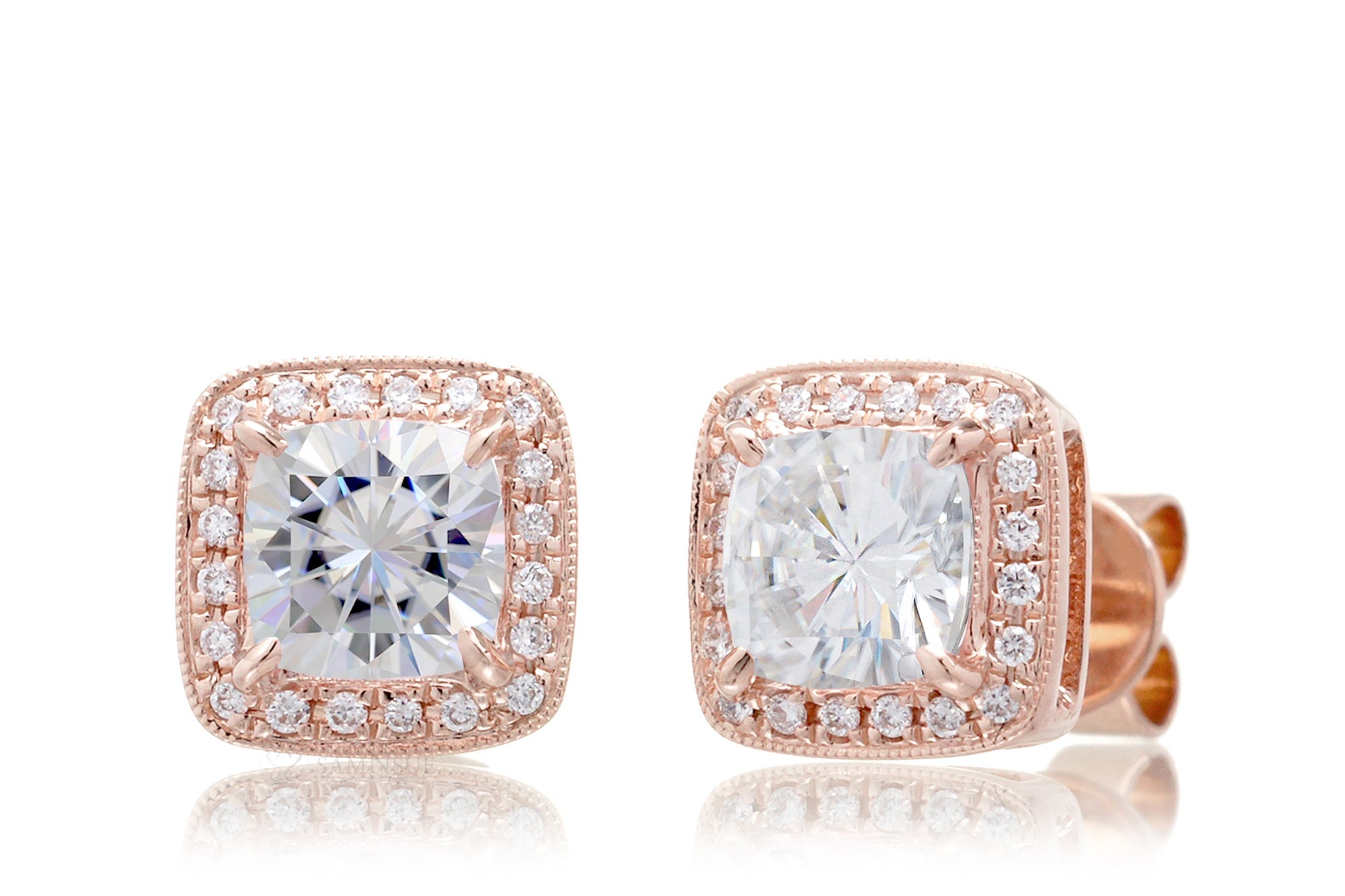 Cushion Moissanite Stud Earrings With Diamond Halo Rose Gold