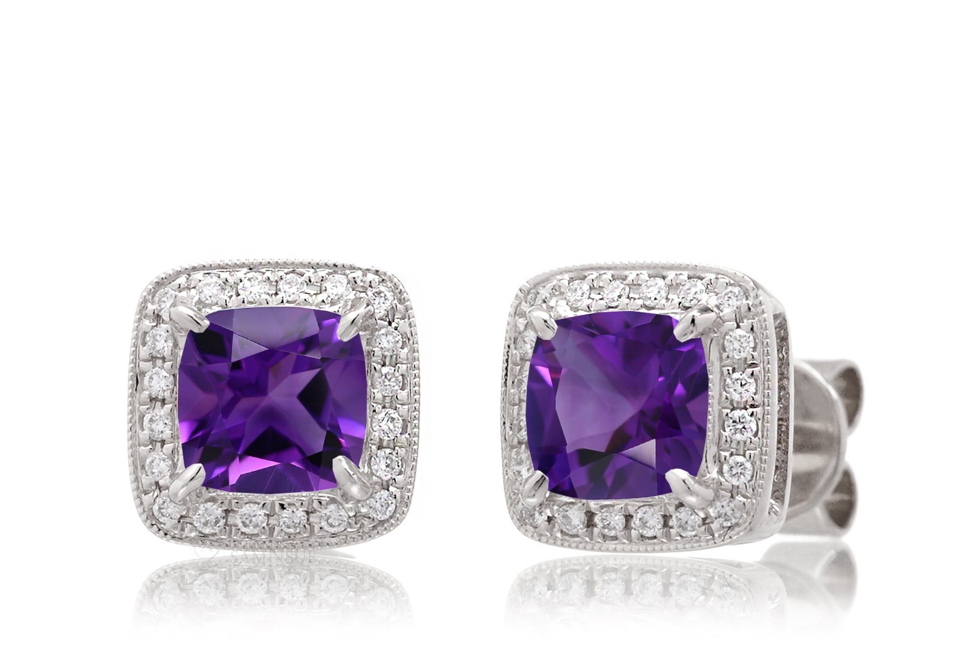 Amethyst Studs Cushion Diamond Halo