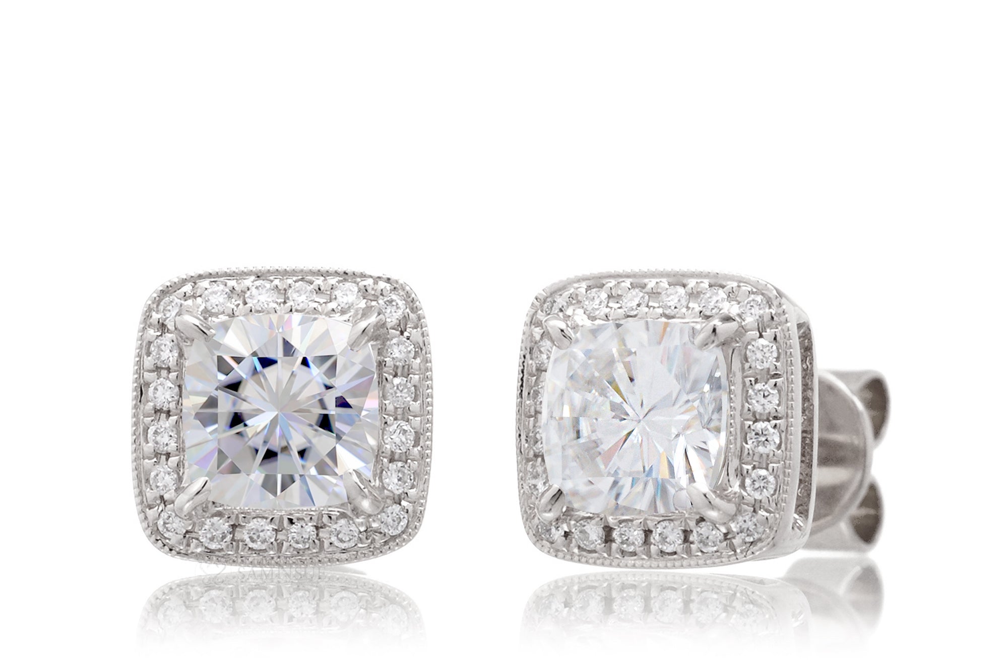 Cushion Moissanite Stud Earrings With Diamond Halo White Gold
